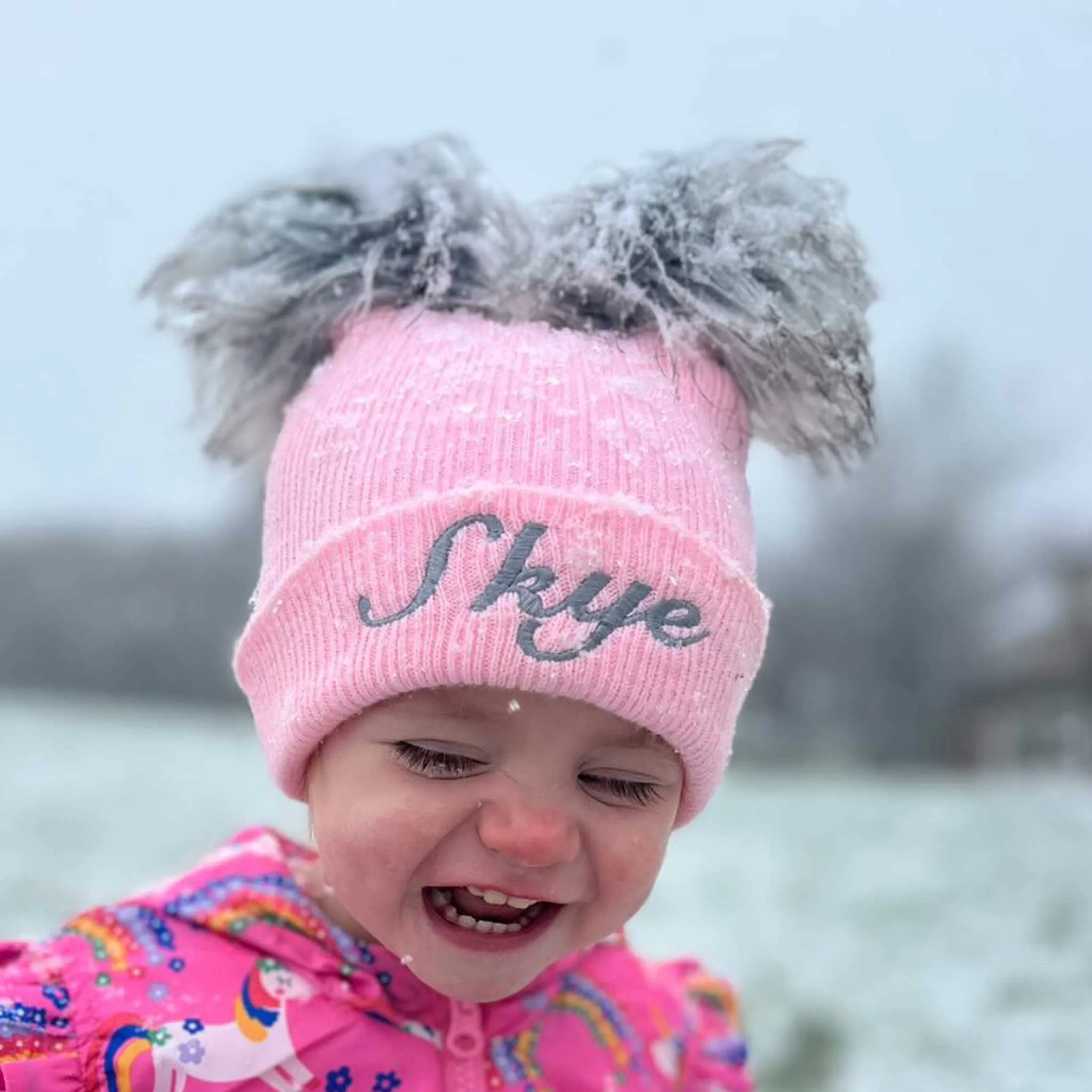 Personalised Baby Girl Hat - Pink Double Faux Fur Pom