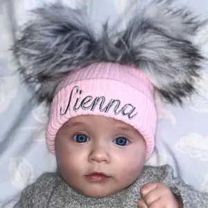 Personalised Baby Girl Hat - Pink Double Faux Fur Pom