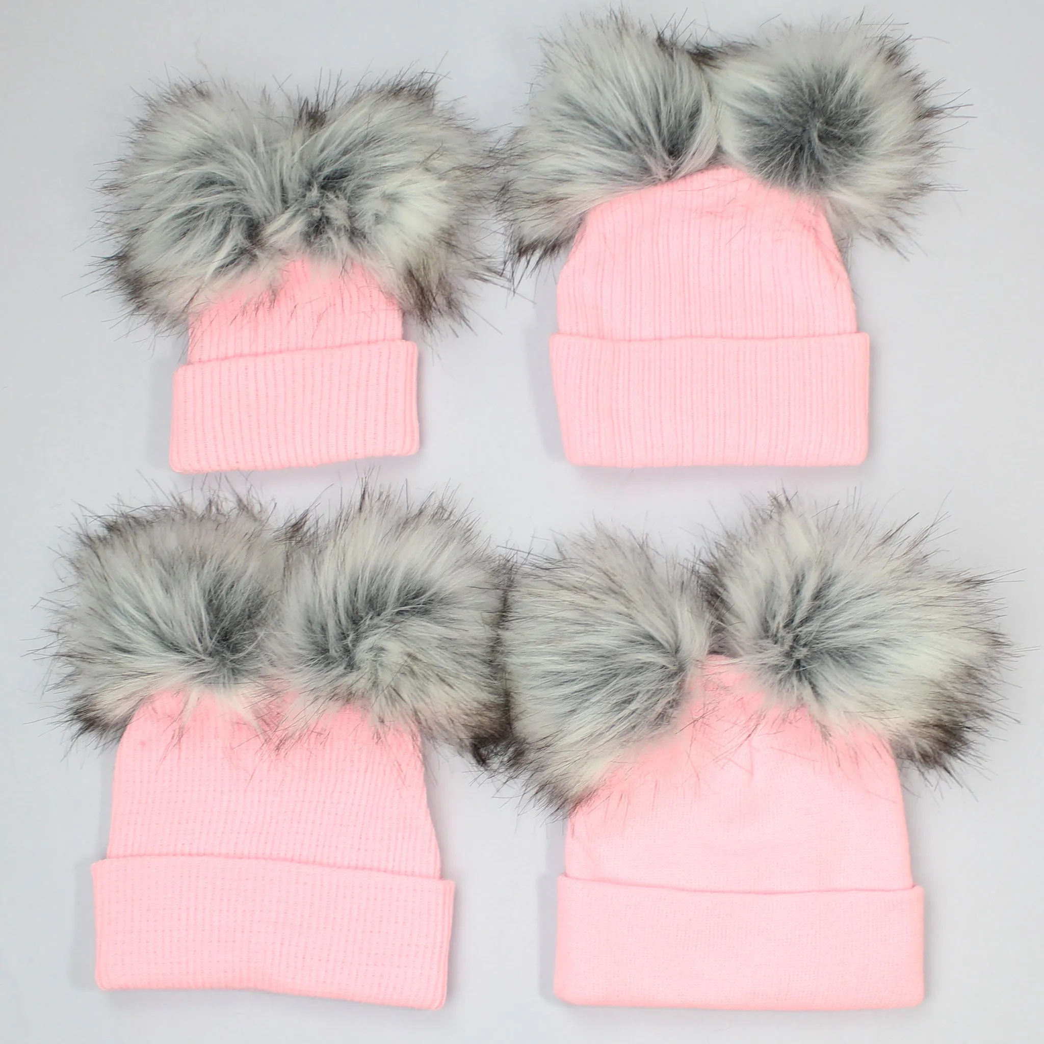 Personalised Baby Girl Hat - Pink Double Faux Fur Pom