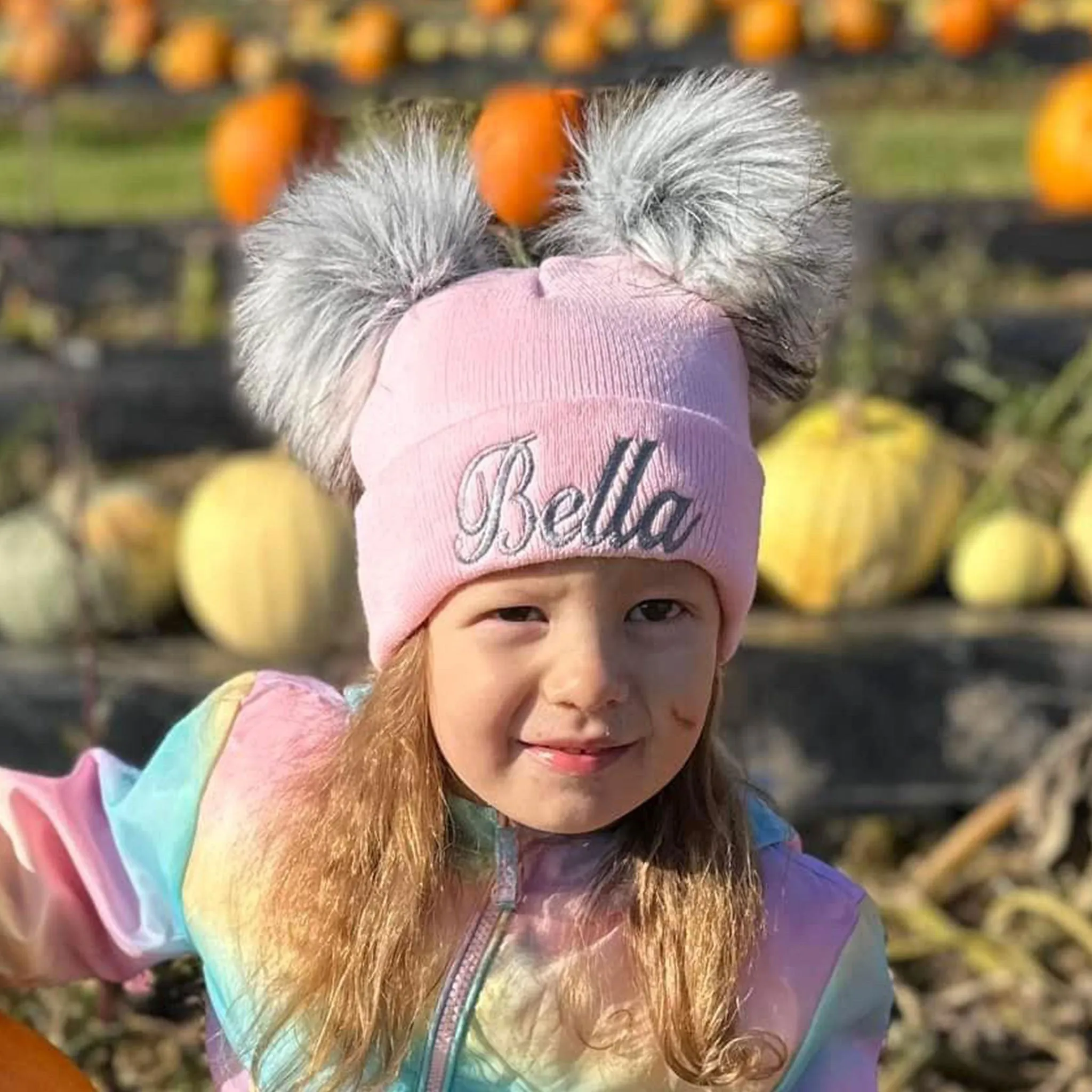 Personalised Baby Girl Hat - Pink Double Faux Fur Pom