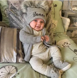 Personalised Baby Grey Knitted Double Fluffy Faux Fur Pom Hat