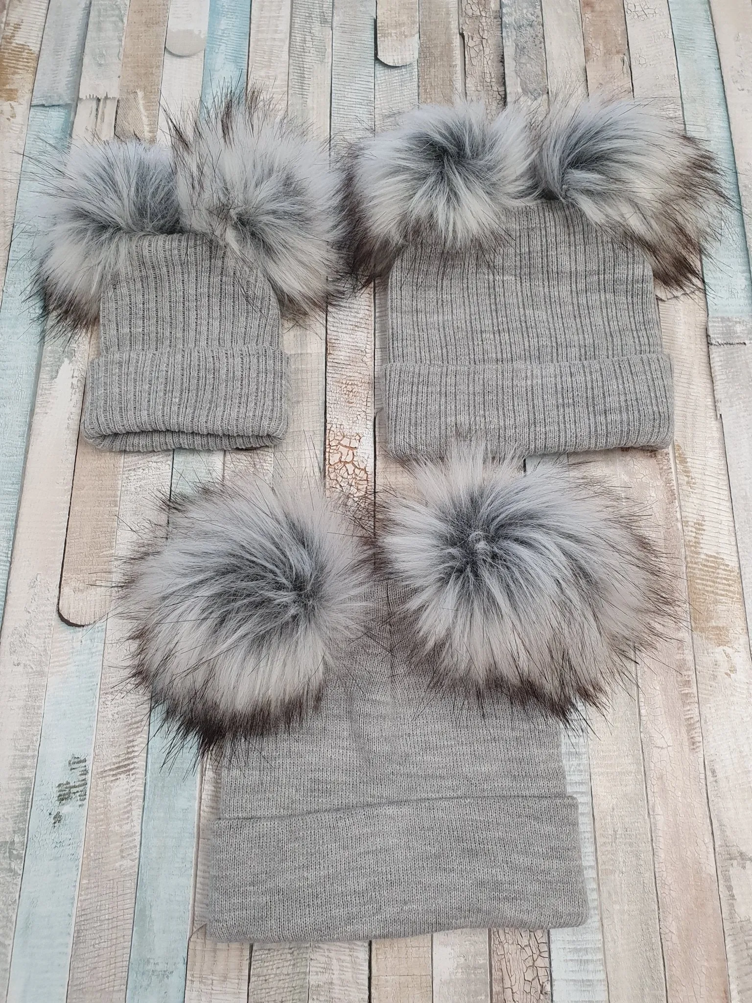 Personalised Baby Grey Knitted Double Fluffy Faux Fur Pom Hat
