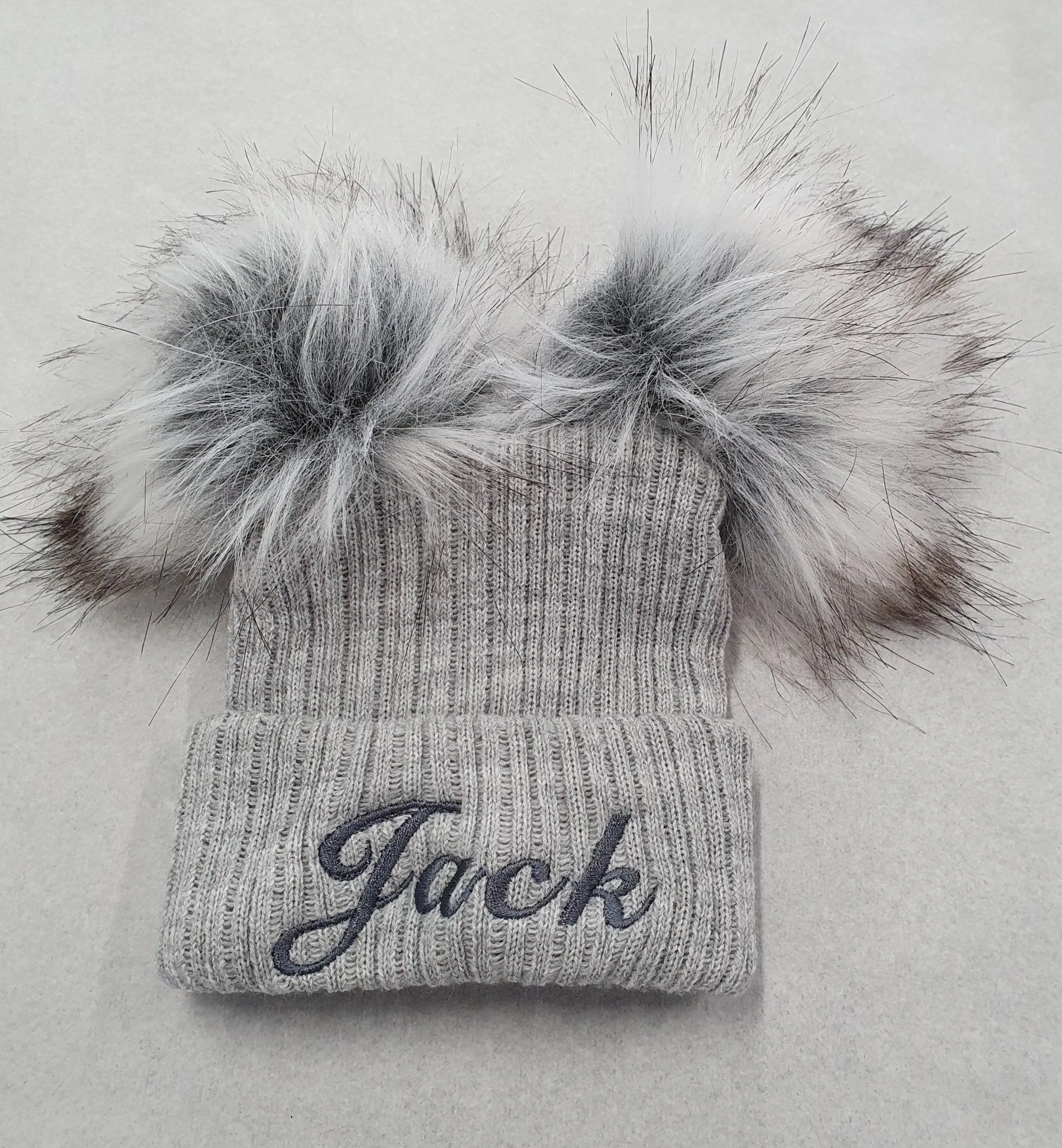 Personalised Baby Grey Knitted Double Fluffy Faux Fur Pom Hat