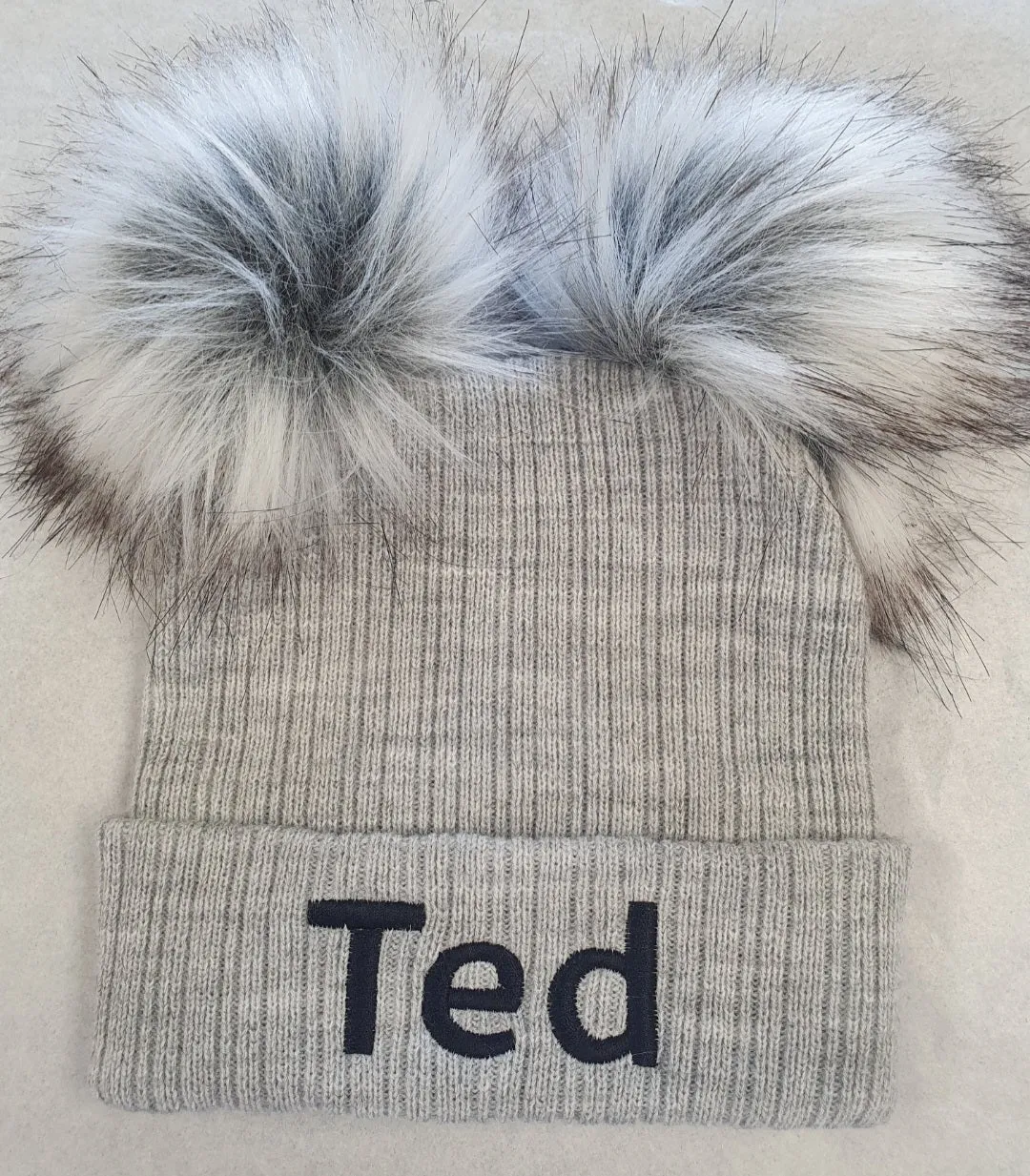 Personalised Baby Grey Knitted Double Fluffy Faux Fur Pom Hat