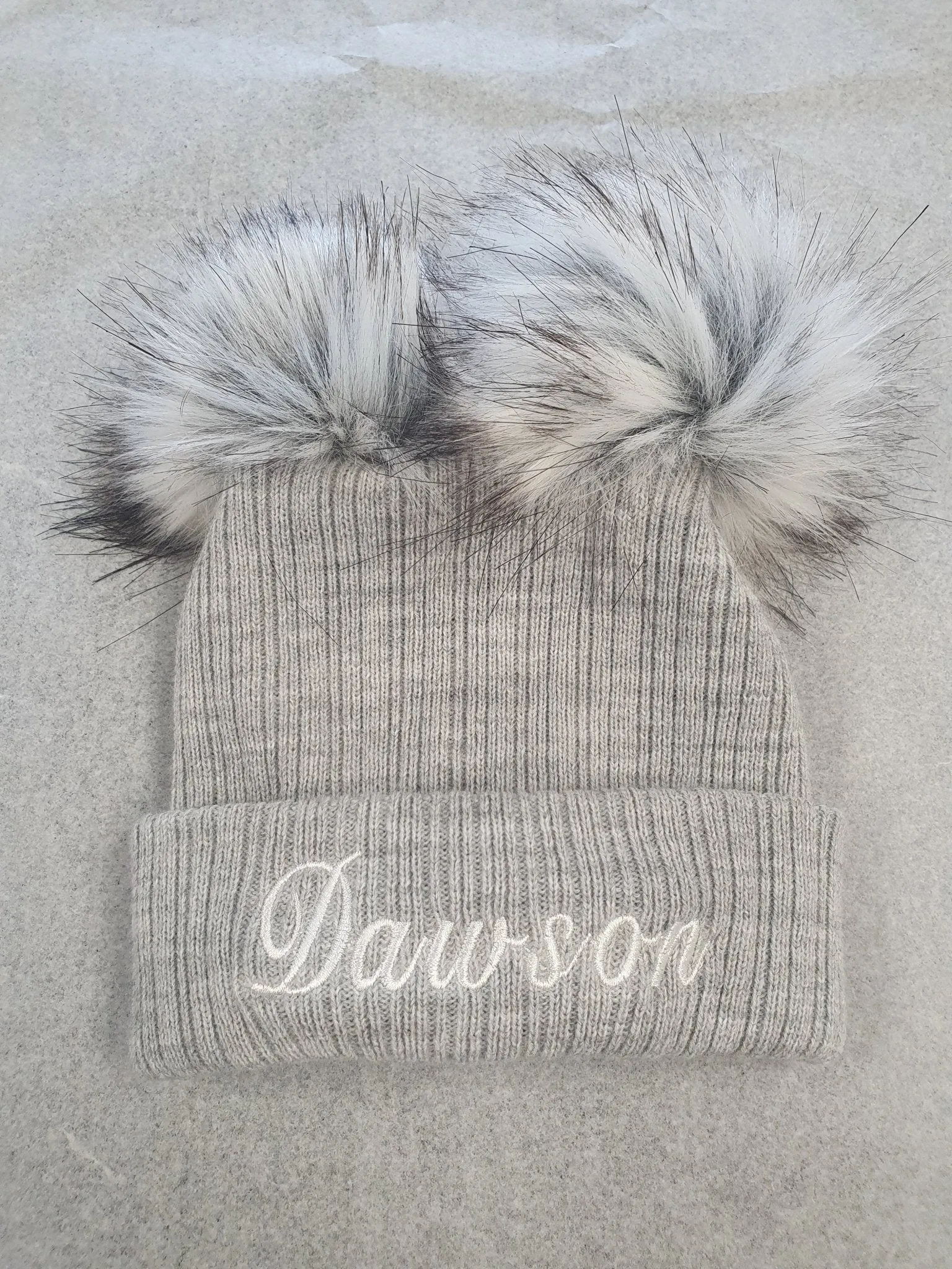 Personalised Baby Grey Knitted Double Fluffy Faux Fur Pom Hat