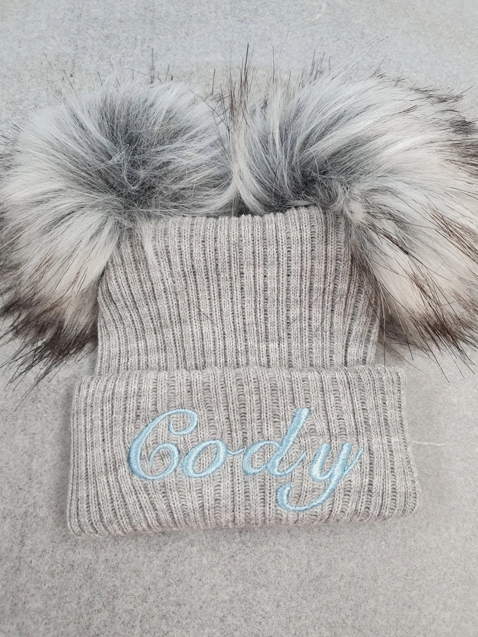 Personalised Baby Grey Knitted Double Fluffy Faux Fur Pom Hat