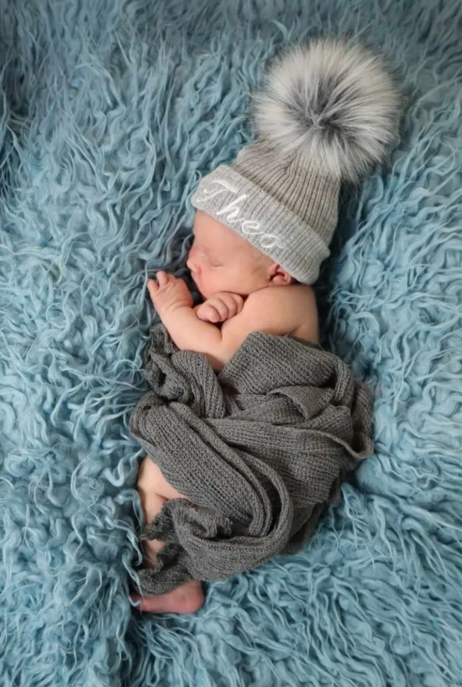 Personalised Baby Grey Knitted Single Fluffy Faux Fur Pom Hat