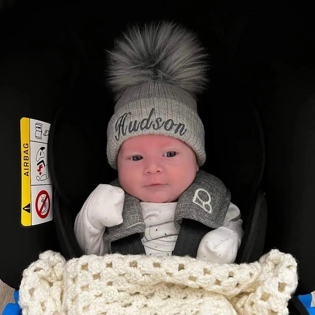 Personalised Baby Grey Knitted Single Fluffy Faux Fur Pom Hat