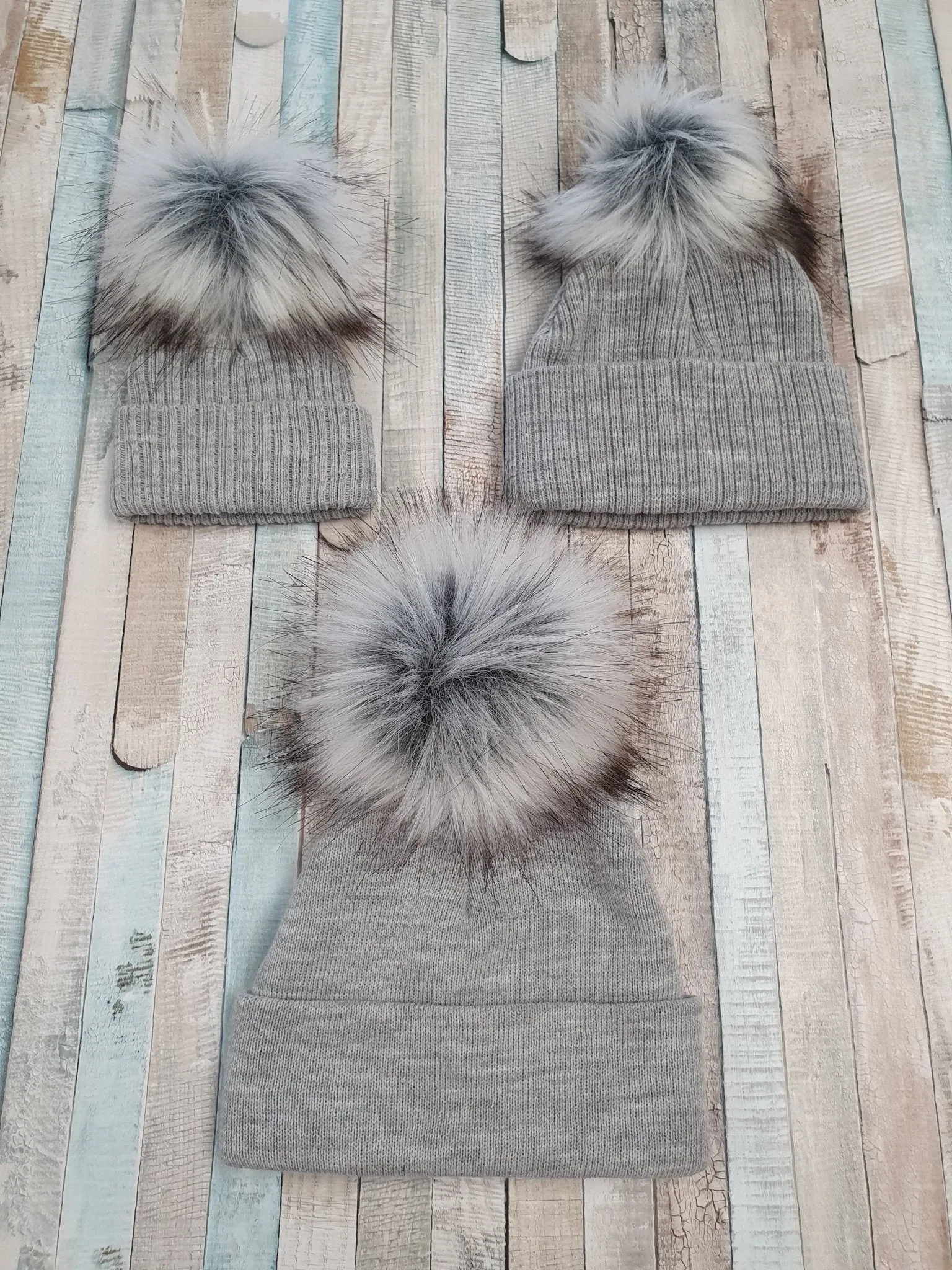 Personalised Baby Grey Knitted Single Fluffy Faux Fur Pom Hat