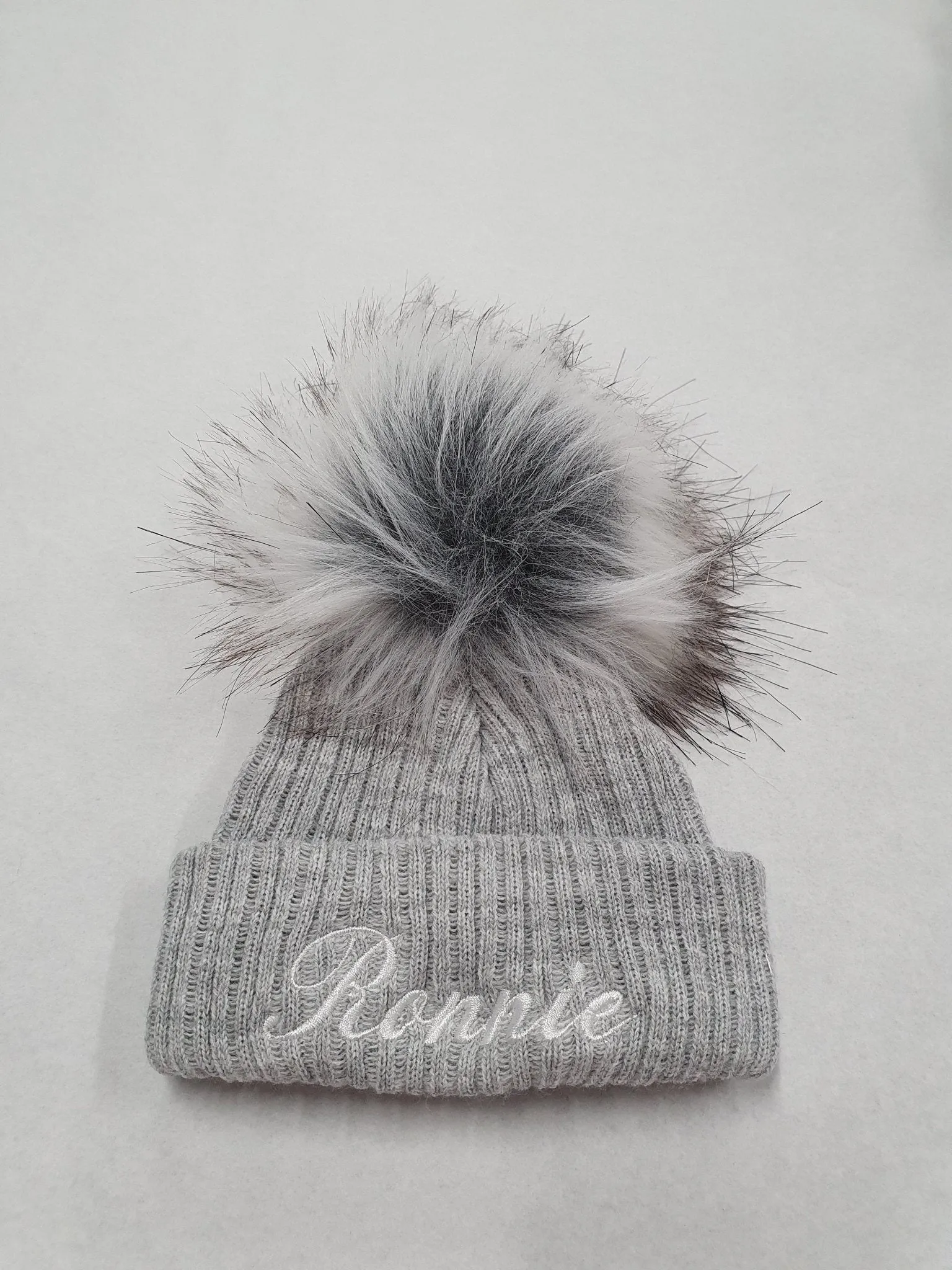 Personalised Baby Grey Knitted Single Fluffy Faux Fur Pom Hat