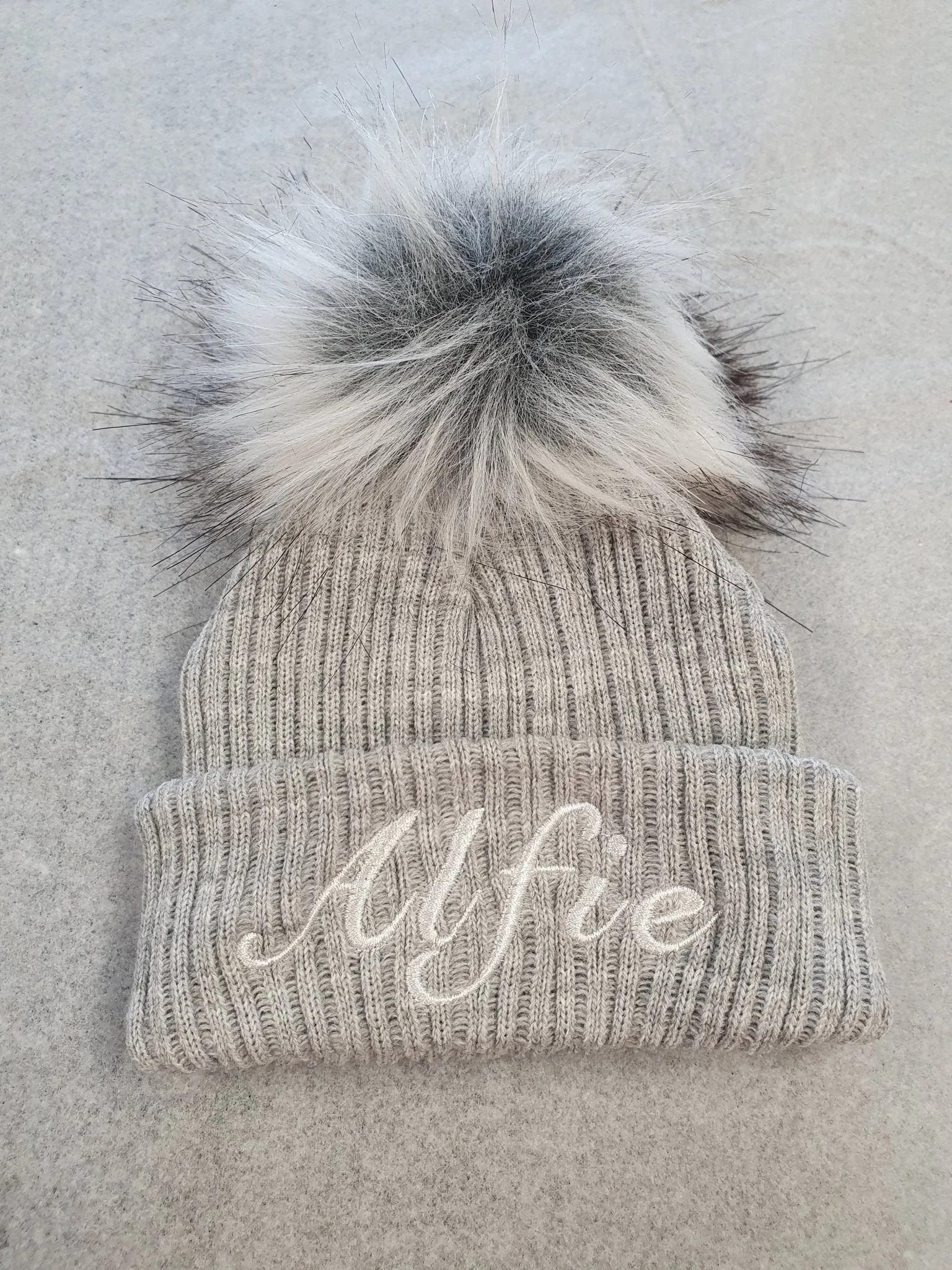 Personalised Baby Grey Knitted Single Fluffy Faux Fur Pom Hat