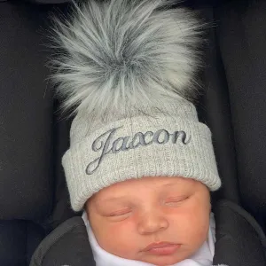 Personalised Baby Hat - Grey Pom Pom Hat