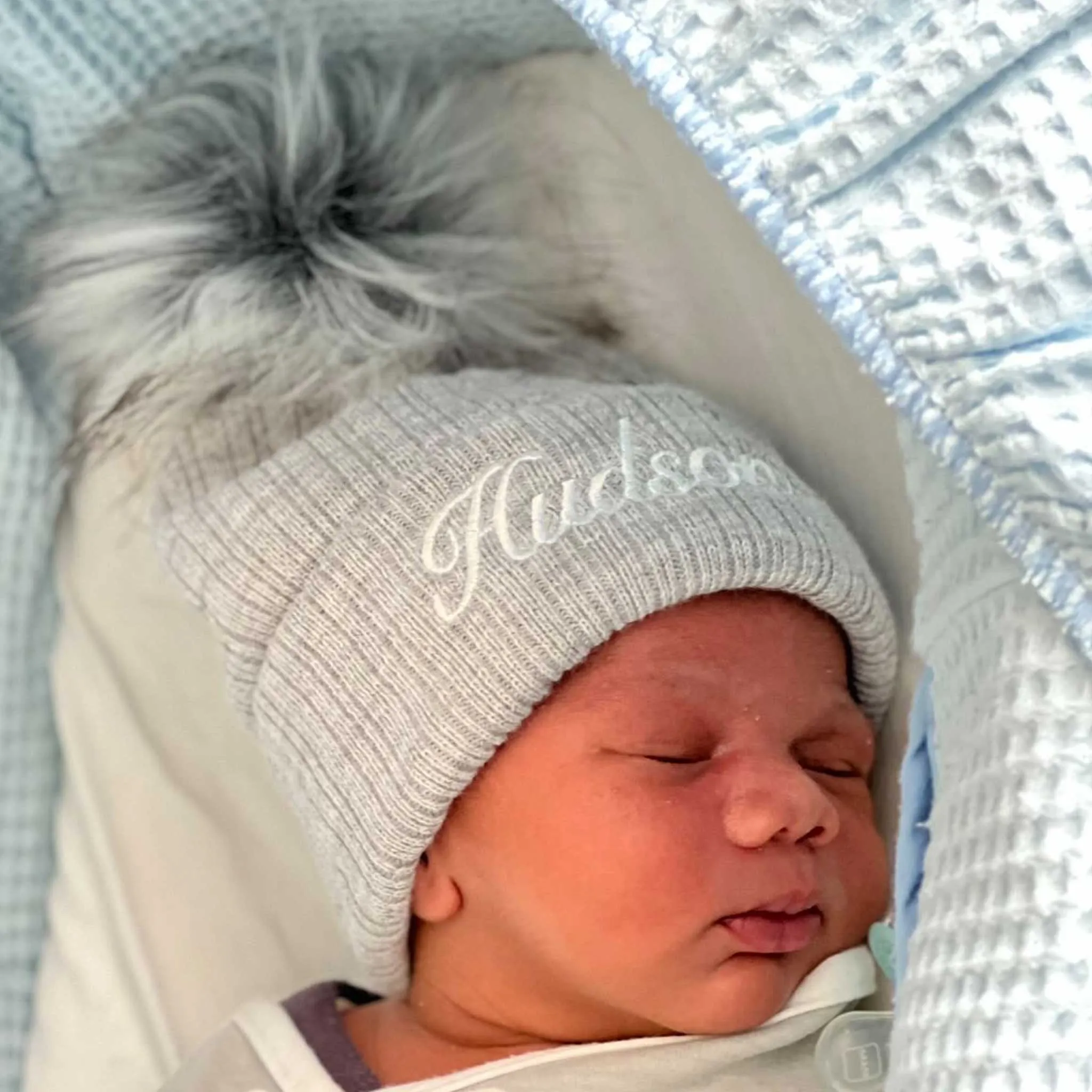 Personalised Baby Hat - Grey Pom Pom Hat