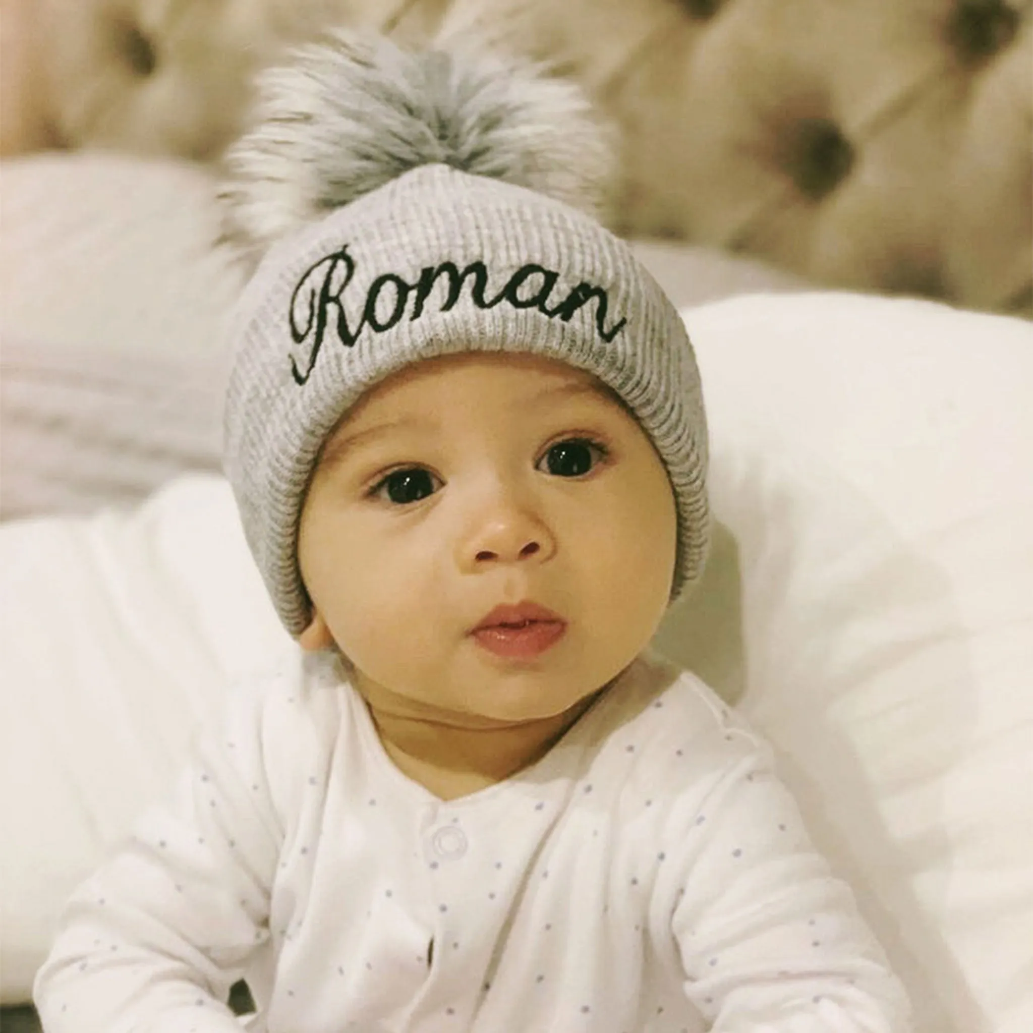 Personalised Baby Hat - Grey Pom Pom Hat