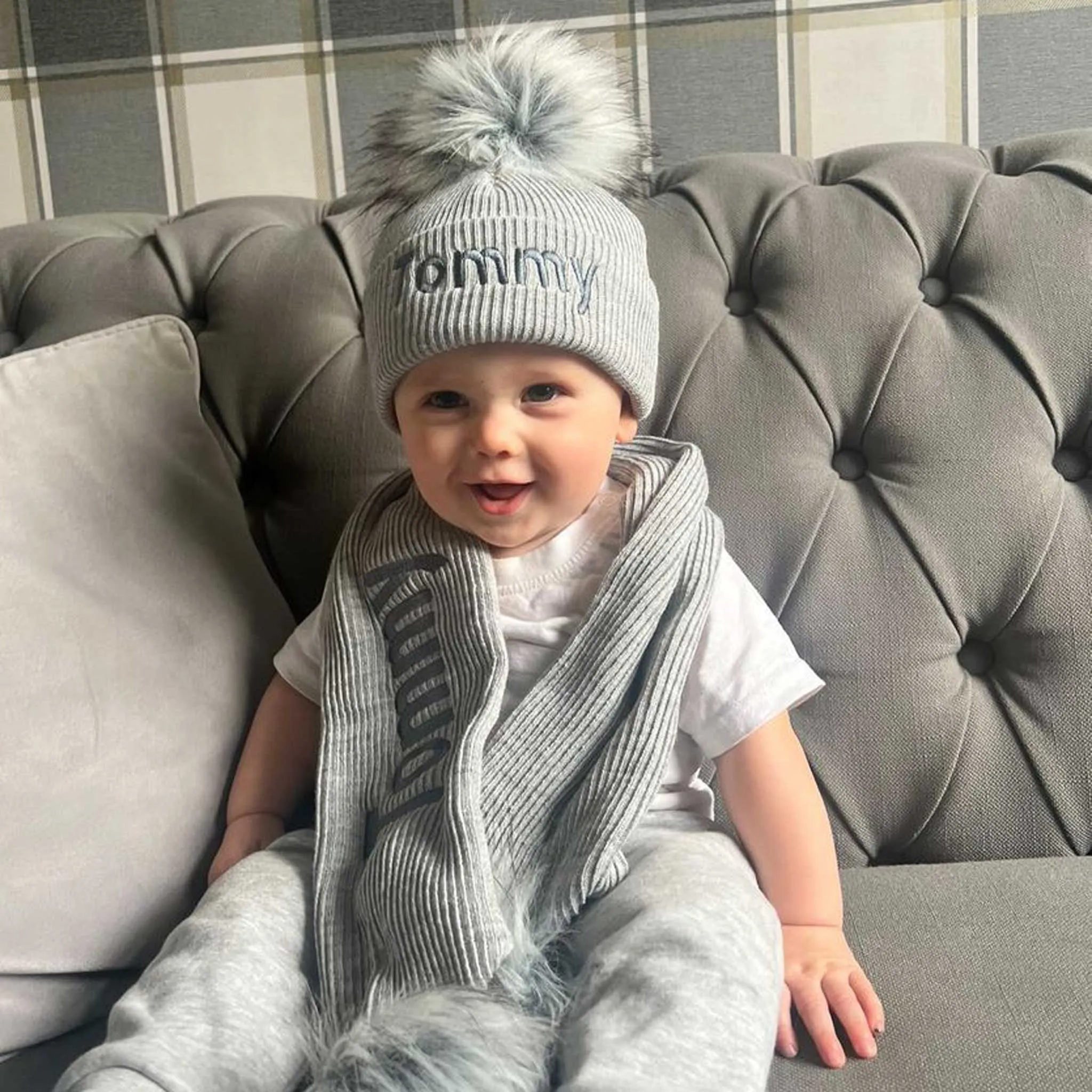 Personalised Baby Hat - Grey Pom Pom Hat