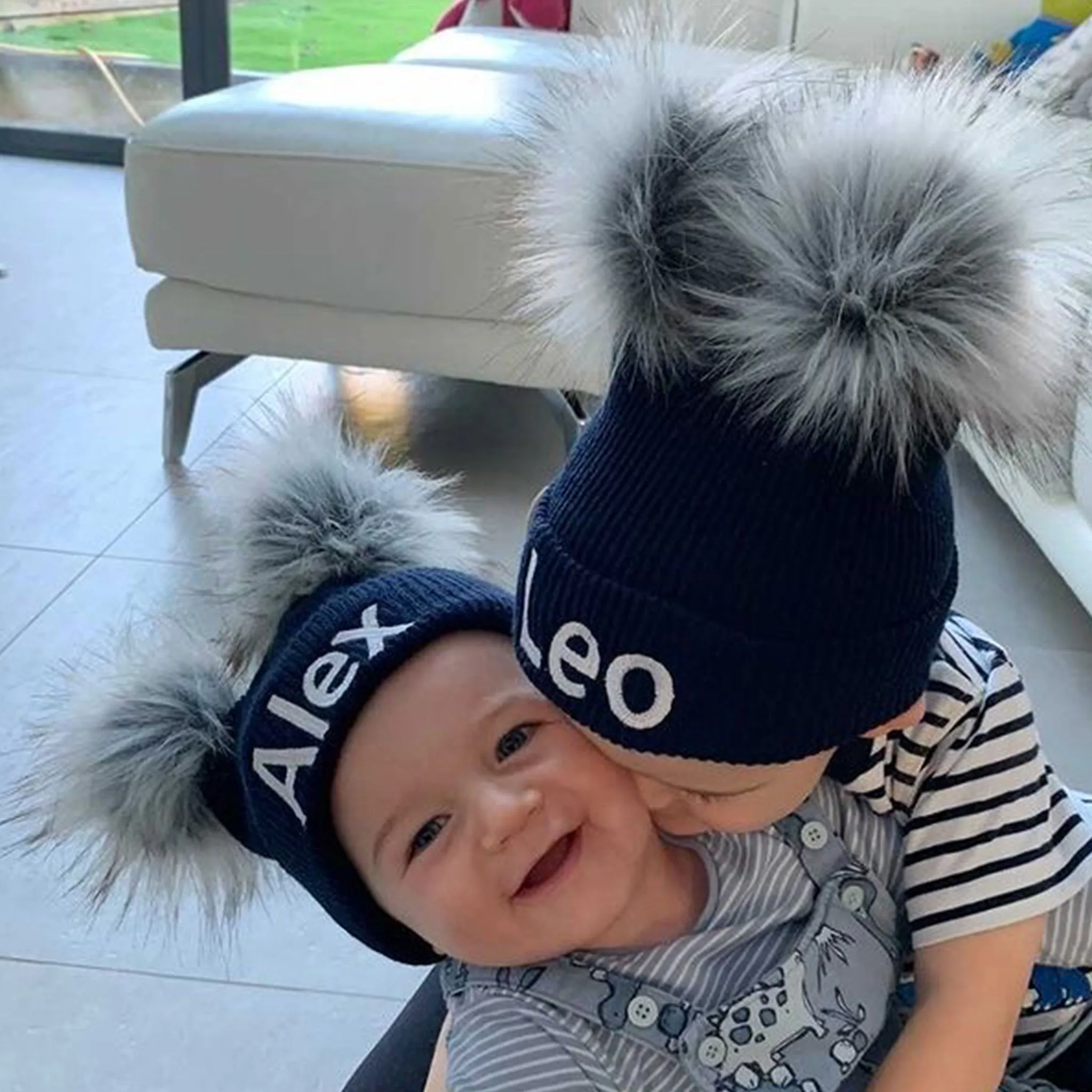 Personalised Baby Hat - Navy Blue Double Pom