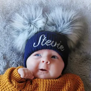 Personalised Baby Hat - Navy Blue Double Pom