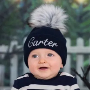 Personalised Baby Hat - Navy Blue Faux Fur Pom Pom Hat