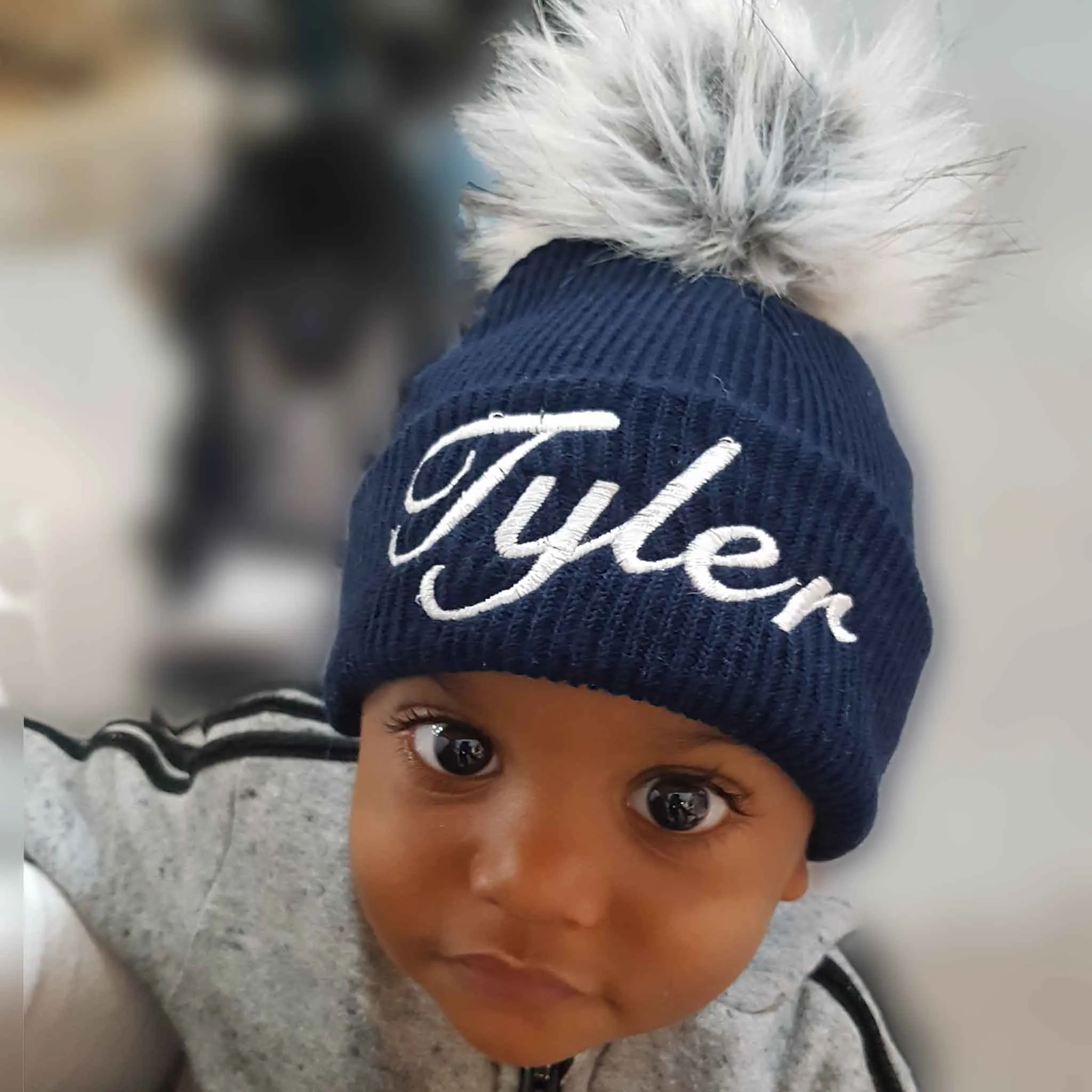 Personalised Baby Hat - Navy Blue Faux Fur Pom Pom Hat