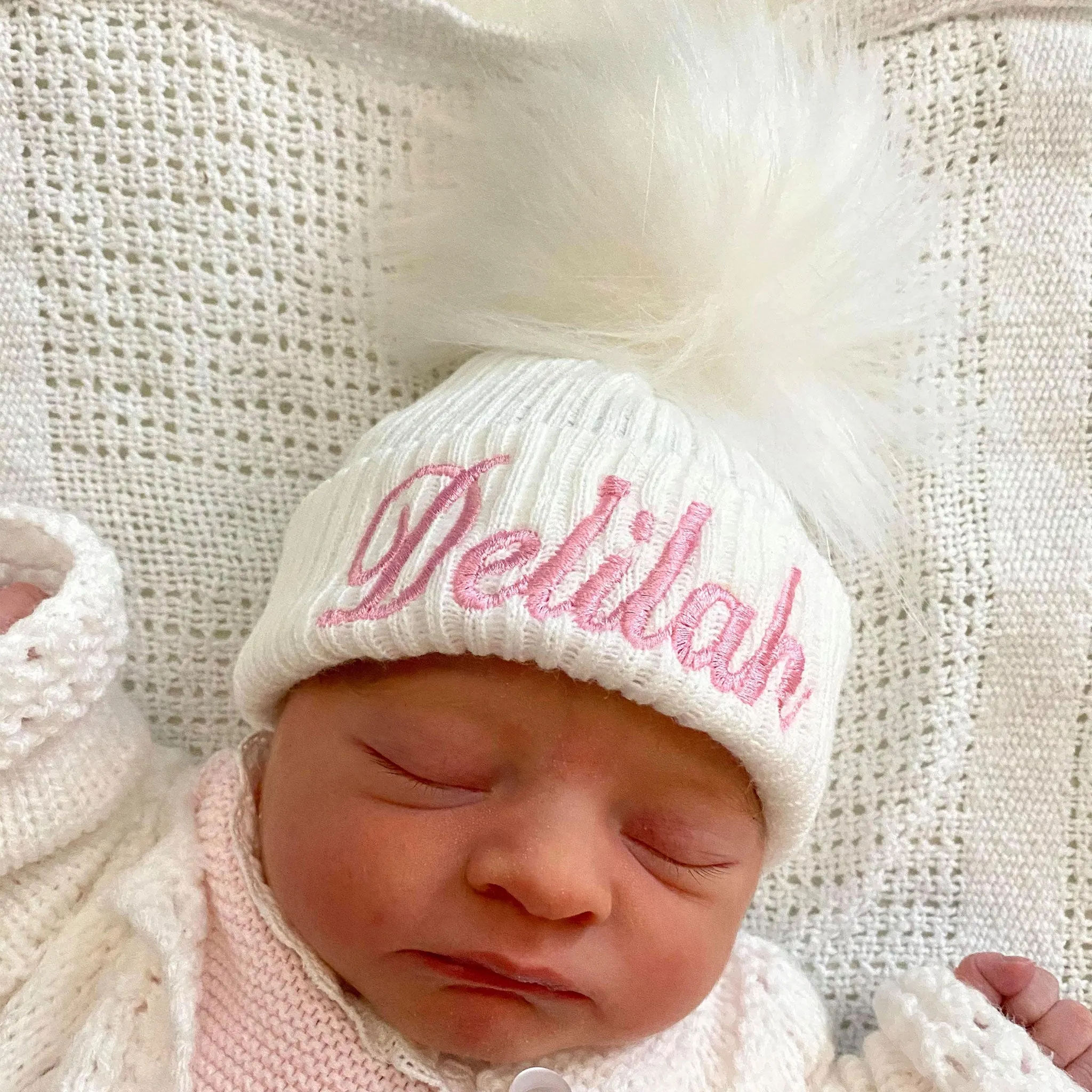 Personalised Baby Hat - Pastel White With White Fur Pom