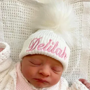 Personalised Baby Hat - Pastel White With White Fur Pom