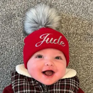 Personalised Baby Hat - Red Pom Pom Hat