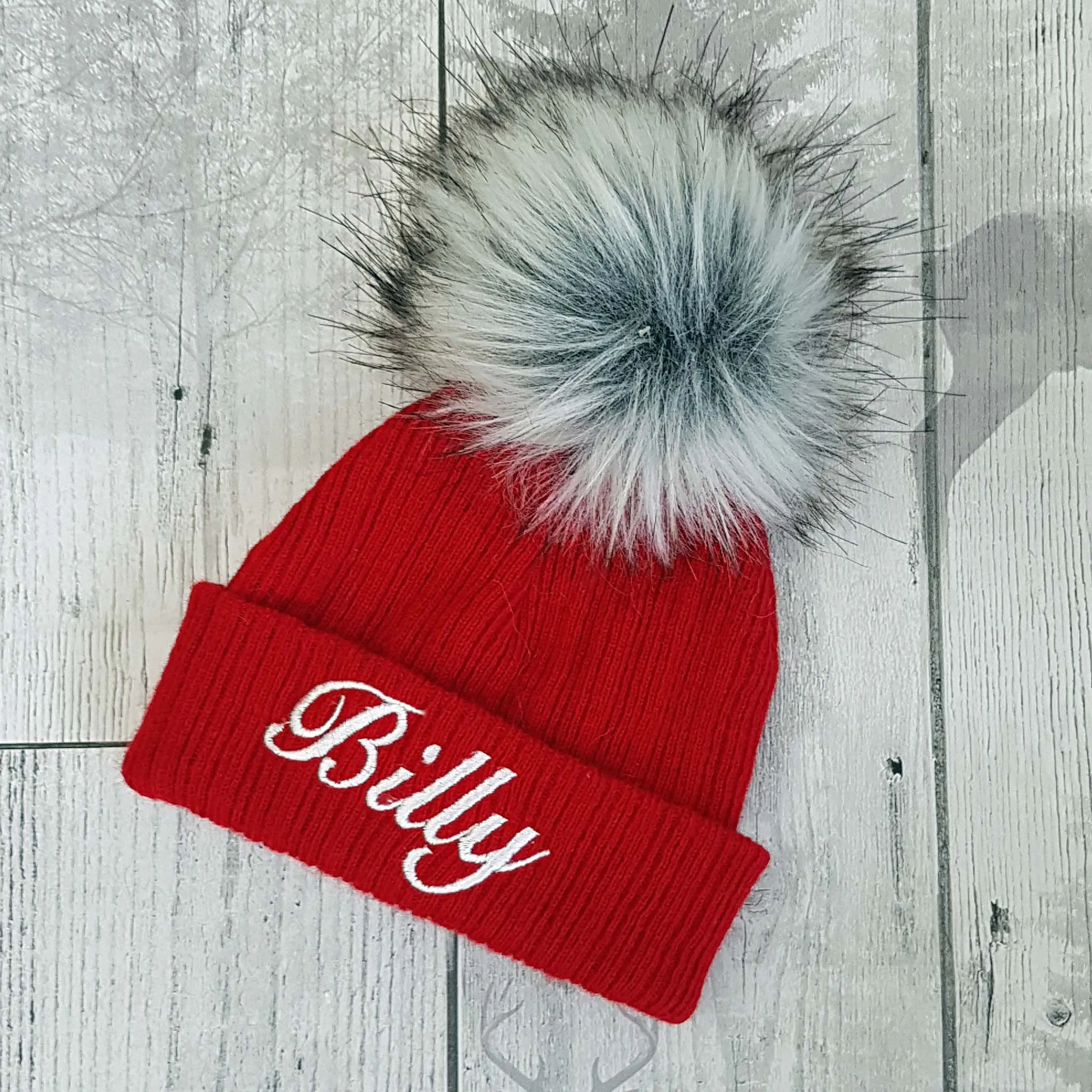 Personalised Baby Hat - Red Pom Pom Hat