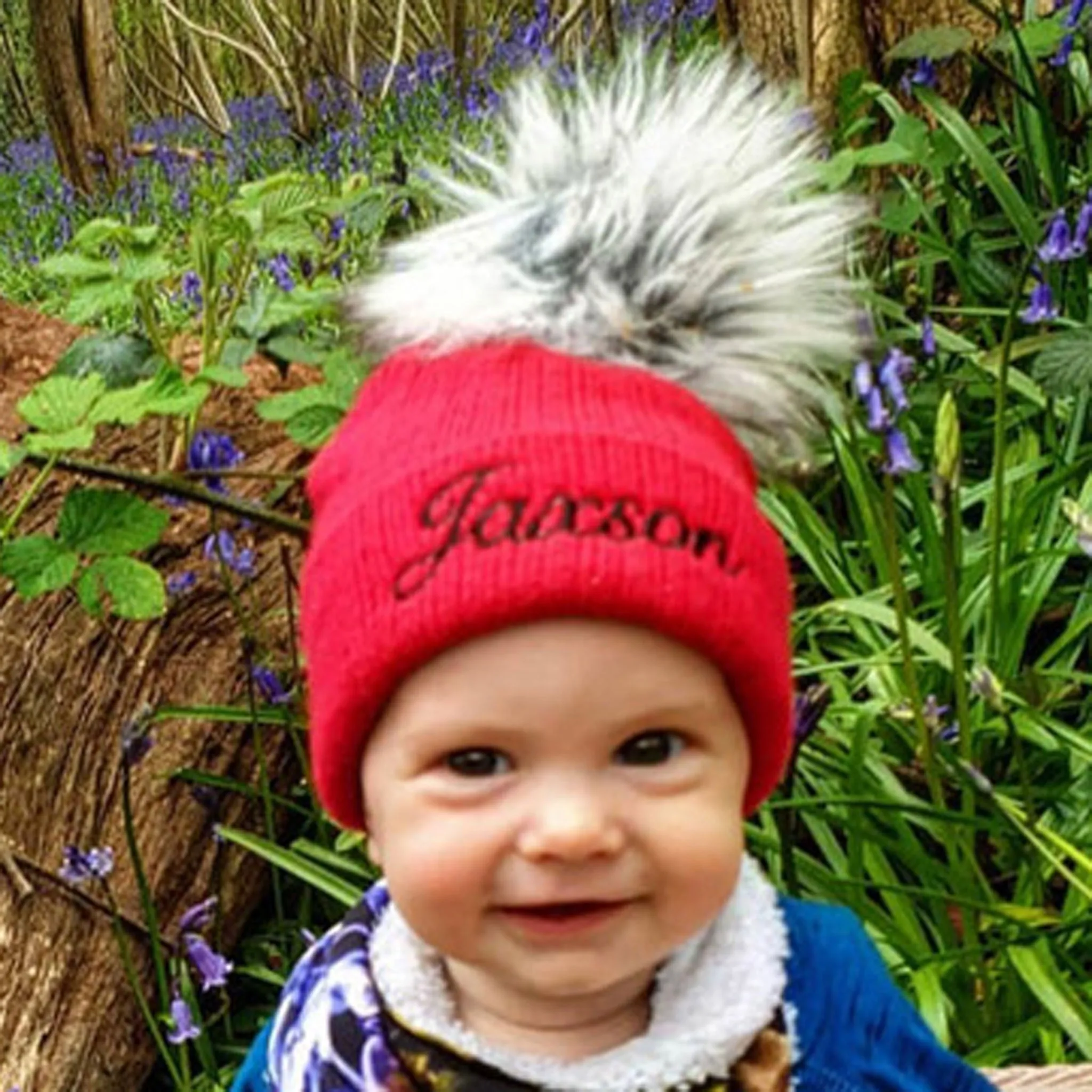 Personalised Baby Hat - Red Pom Pom Hat