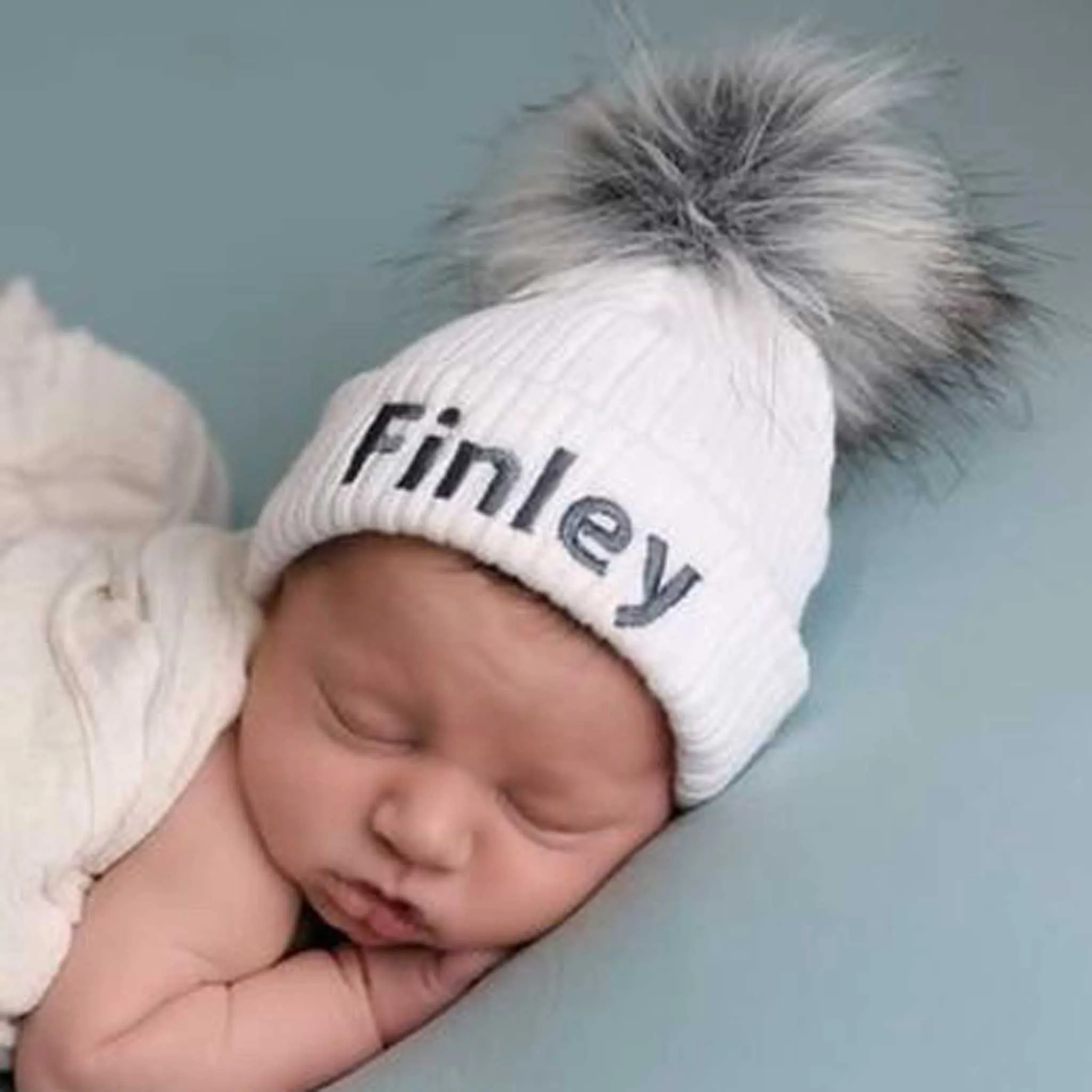 Personalised Baby Hat - White Pom Pom Hat Unisex