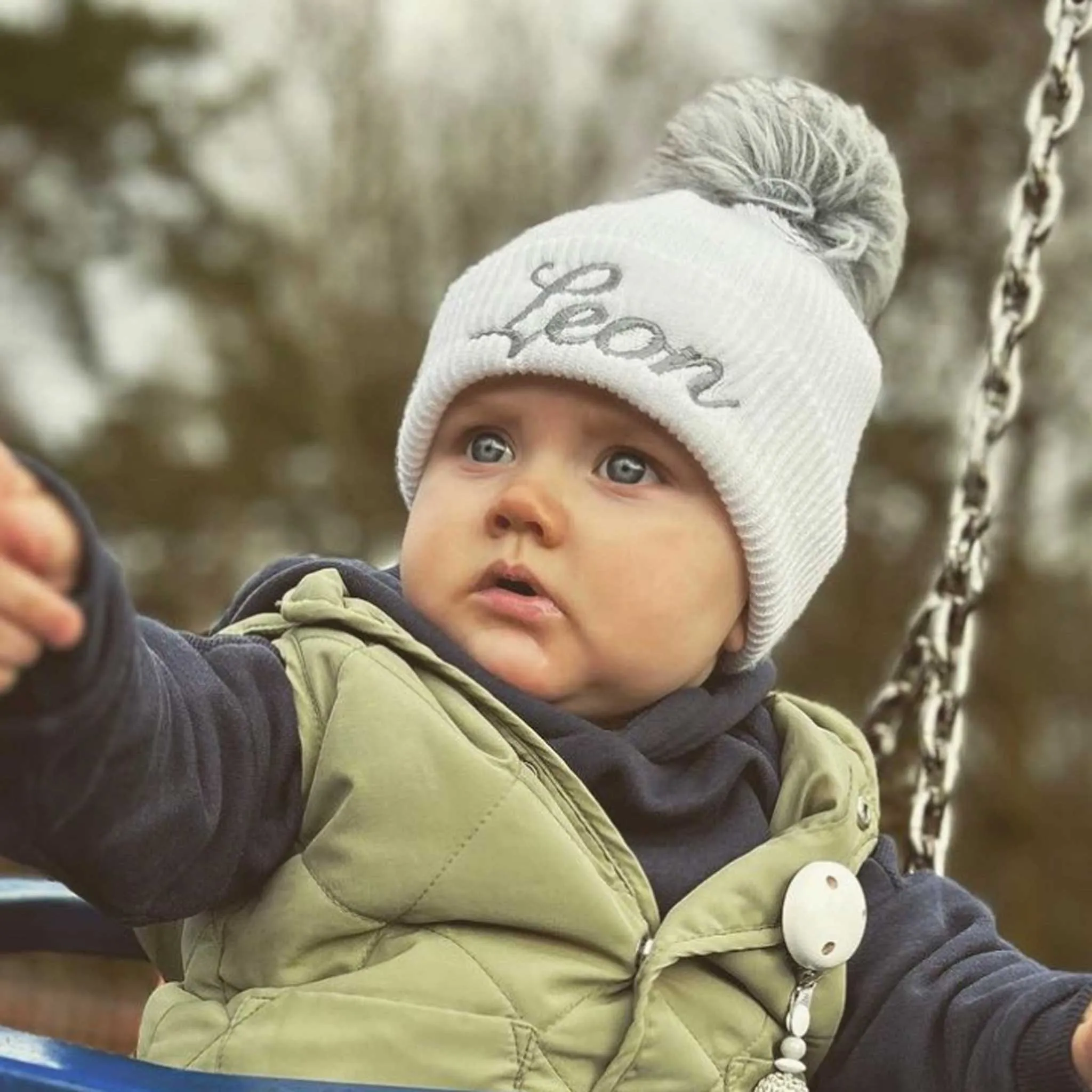 Personalised Baby Hat - White Pom Pom Hat Unisex