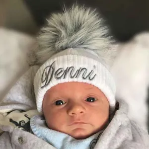 Personalised Baby Hat - White Pom Pom Hat Unisex
