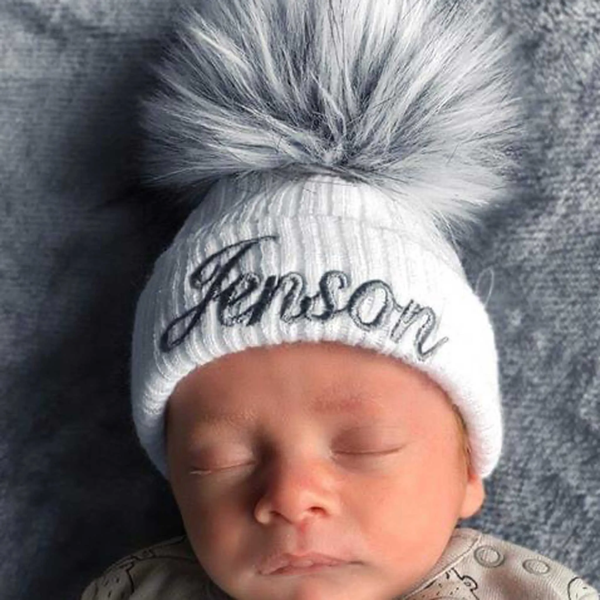 Personalised Baby Hat - White Pom Pom Hat Unisex
