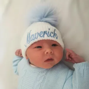 Personalised Baby Hat - White with Blue Pom