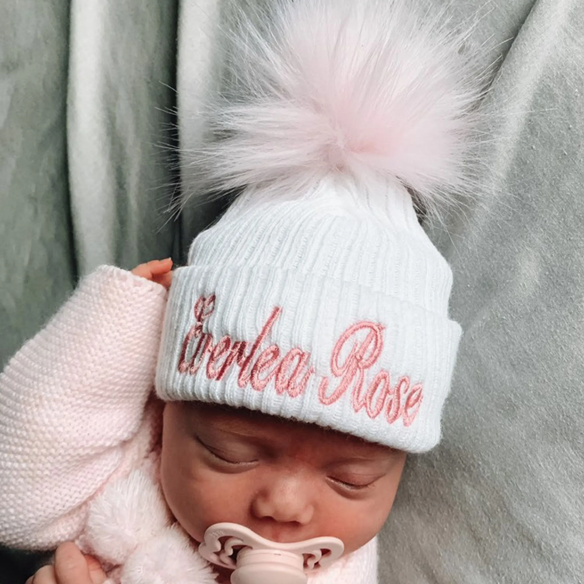 Personalised Baby Hat - White with Pink Pom