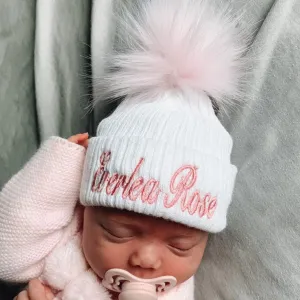 Personalised Baby Hat - White with Pink Pom