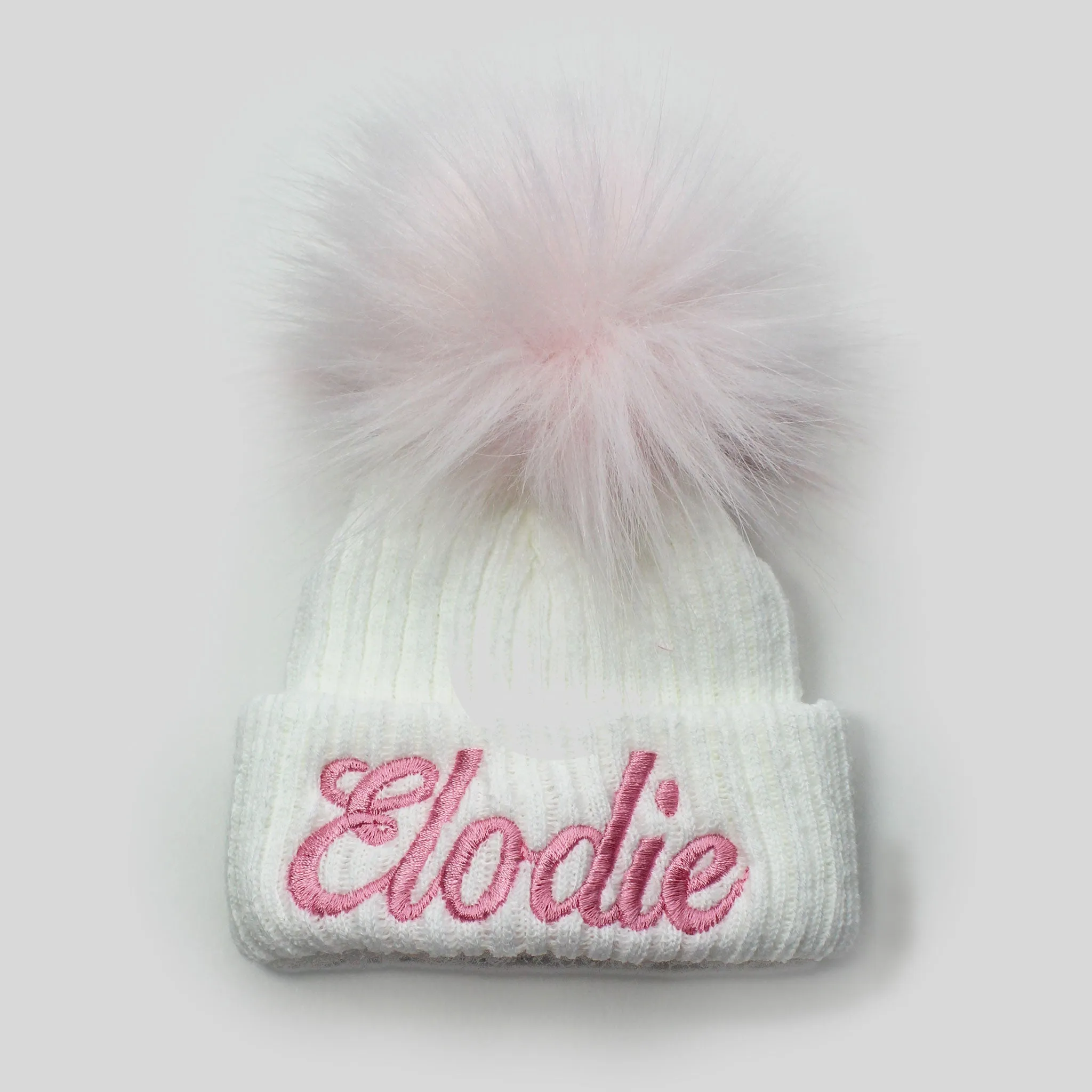 Personalised Baby Hat - White with Pink Pom