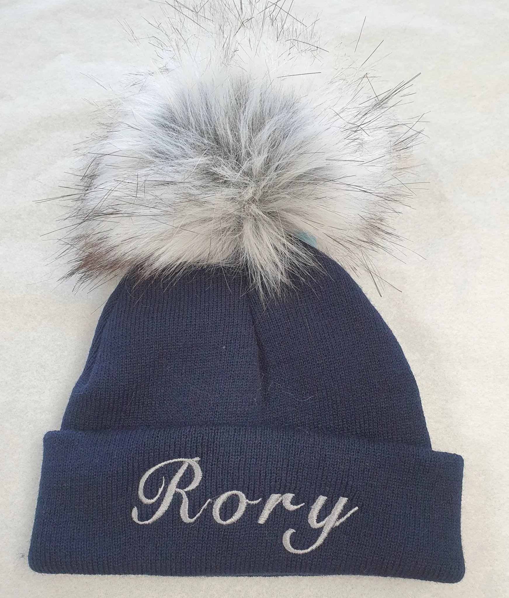 Personalised Baby Navy Knitted Single Grey Fluffy Faux Fur Pom Hat