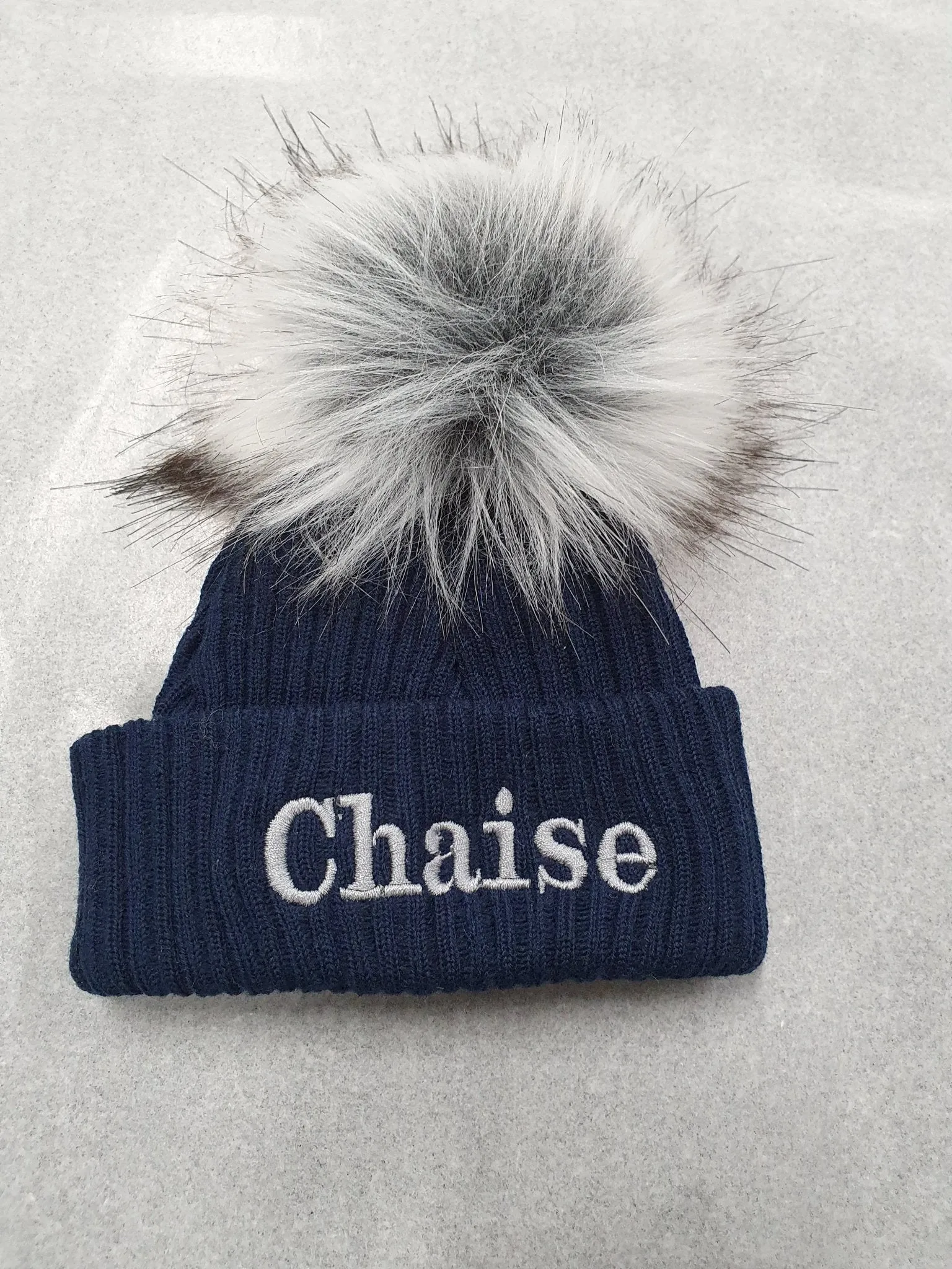 Personalised Baby Navy Knitted Single Grey Fluffy Faux Fur Pom Hat