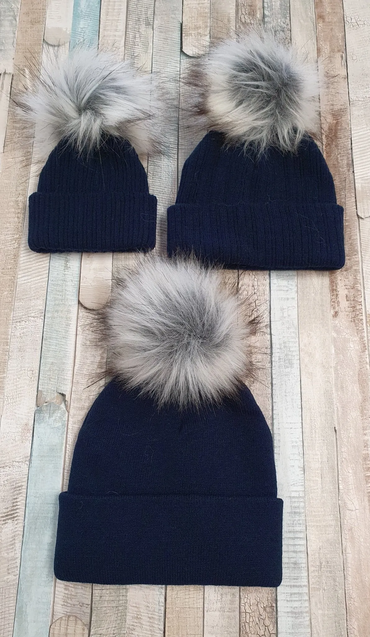 Personalised Baby Navy Knitted Single Grey Fluffy Faux Fur Pom Hat