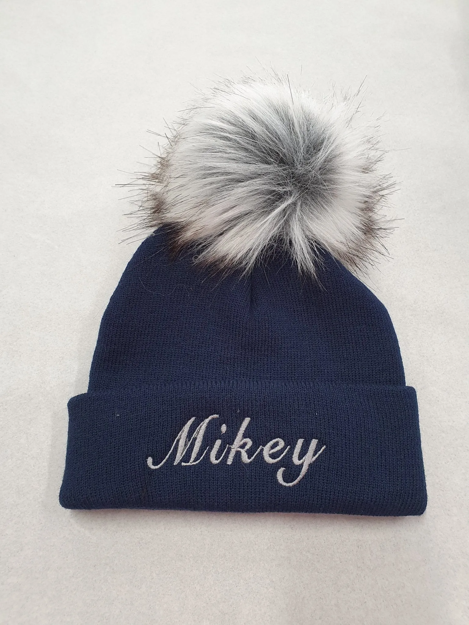 Personalised Baby Navy Knitted Single Grey Fluffy Faux Fur Pom Hat