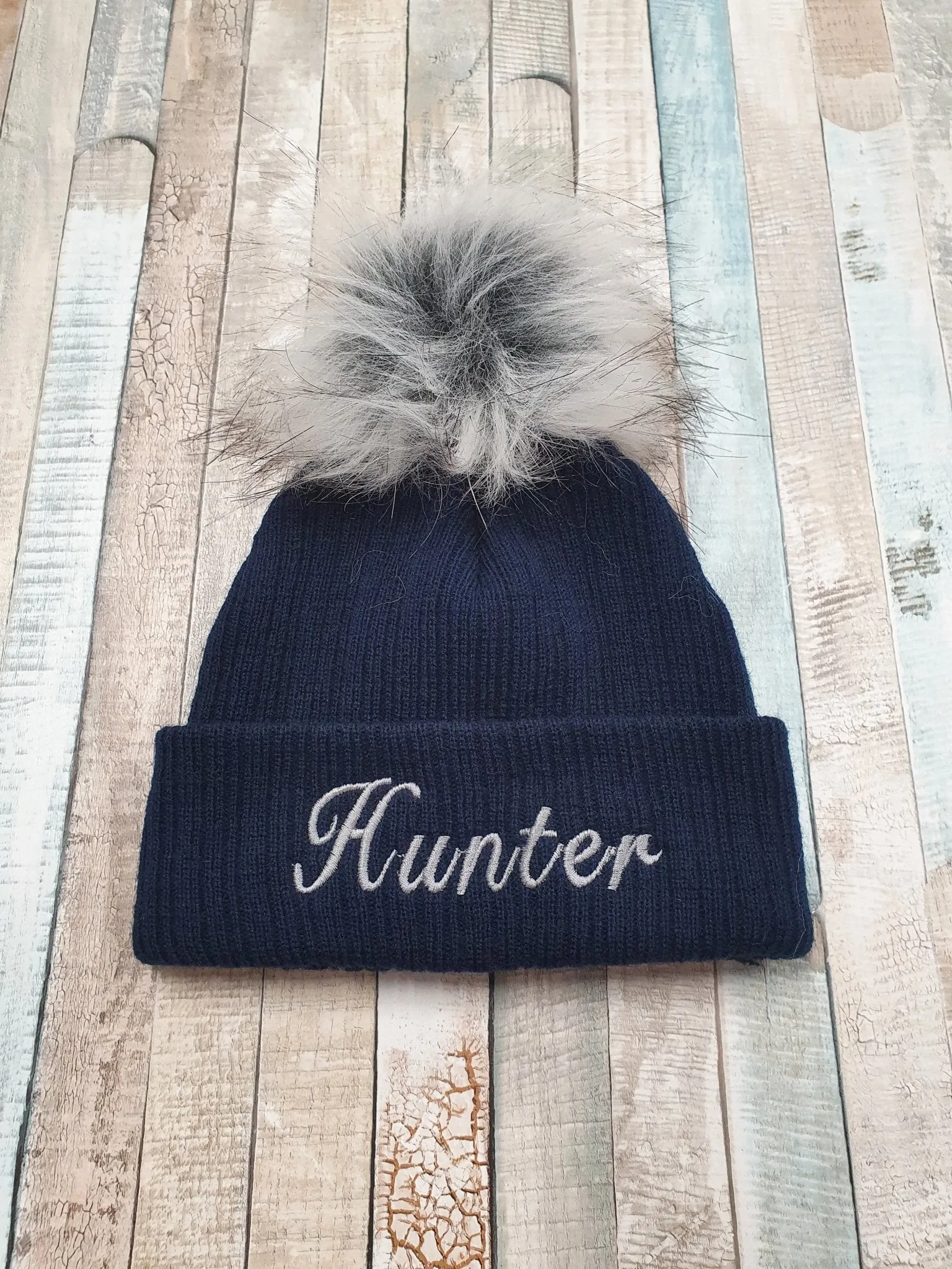 Personalised Baby Navy Knitted Single Grey Fluffy Faux Fur Pom Hat
