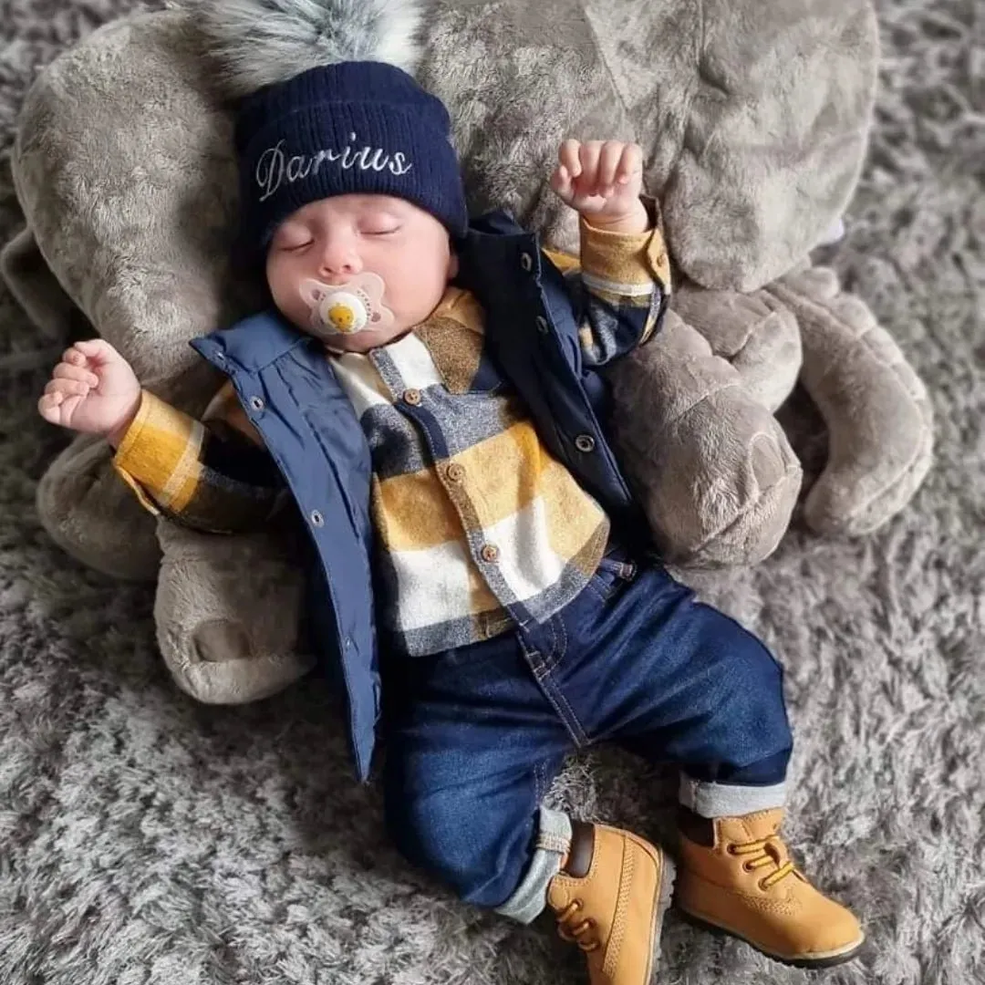 Personalised Baby Navy Knitted Single Grey Fluffy Faux Fur Pom Hat