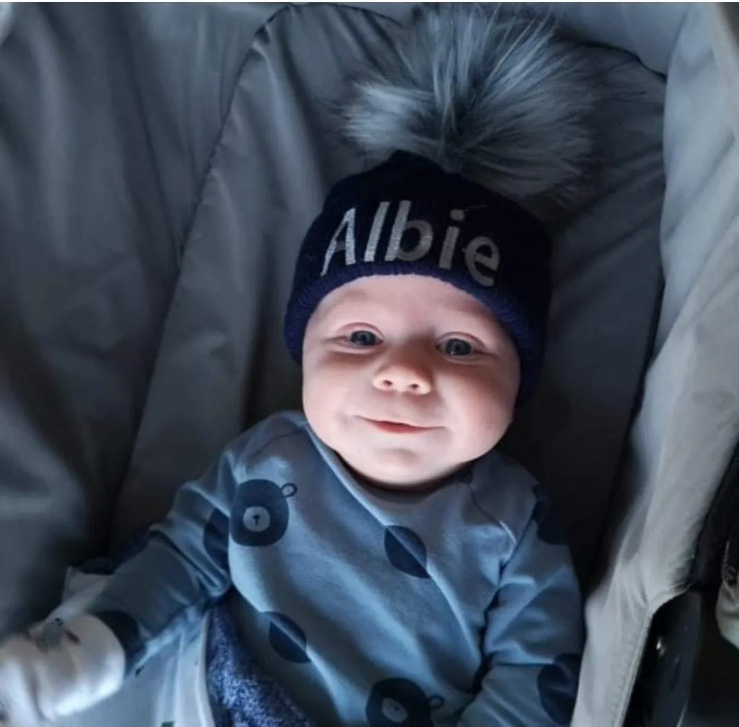 Personalised Baby Navy Knitted Single Grey Fluffy Faux Fur Pom Hat