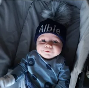 Personalised Baby Navy Knitted Single Grey Fluffy Faux Fur Pom Hat