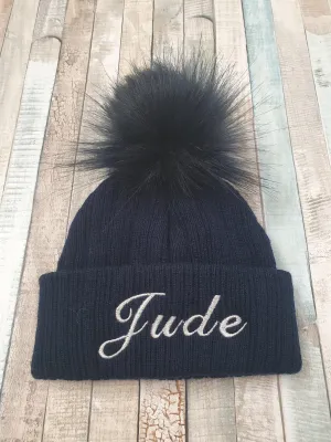 Personalised Baby Navy Knitted Single Navy Fluffy Faux Fur Pom Hat