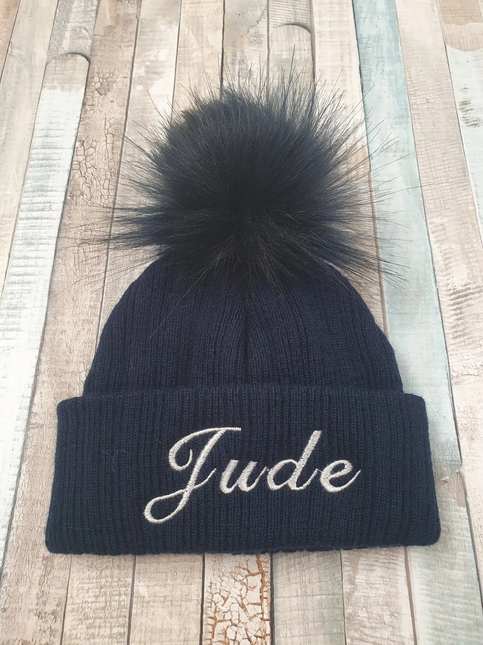 Personalised Baby Navy Knitted Single Navy Fluffy Faux Fur Pom Hat