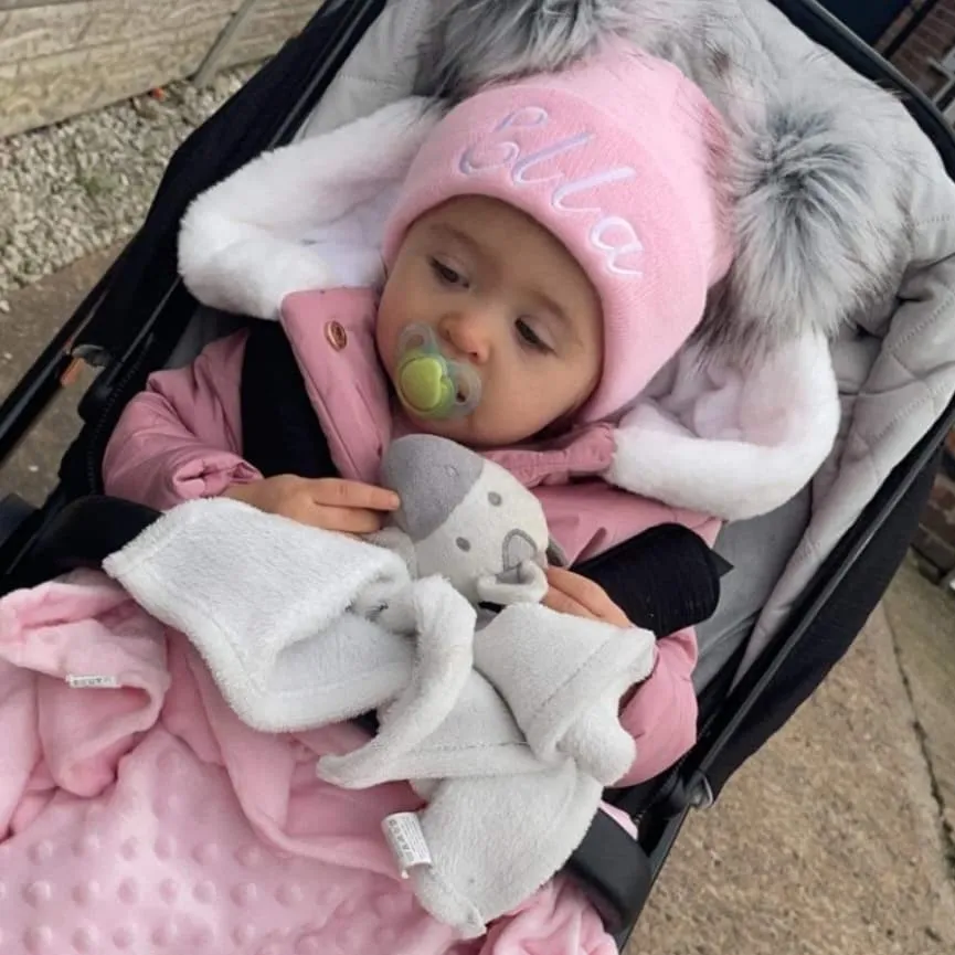 Personalised Baby Pink Knitted Double Grey Fluffy Faux Fur Pom Hat