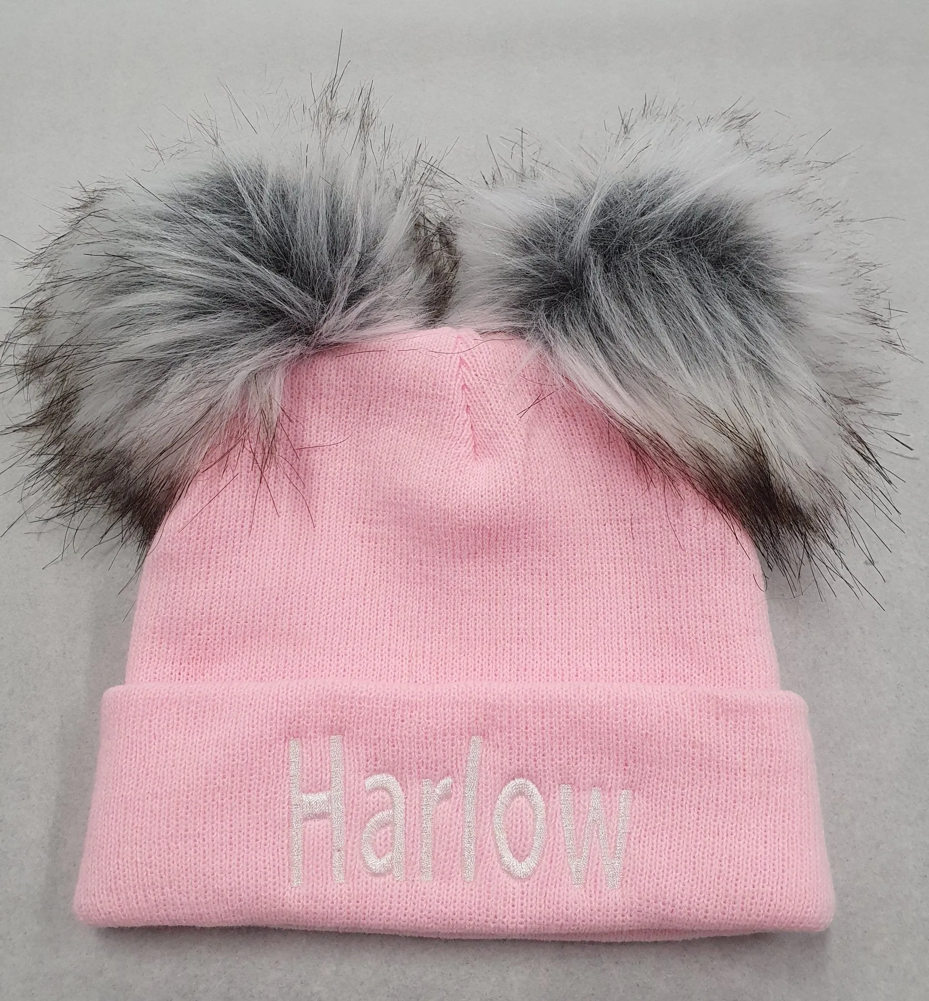 Personalised Baby Pink Knitted Double Grey Fluffy Faux Fur Pom Hat