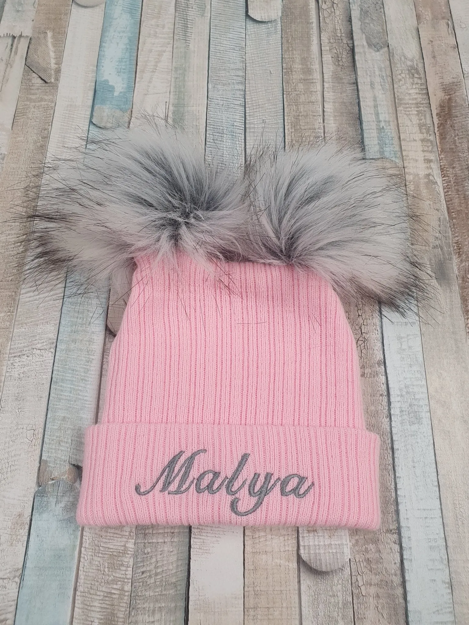 Personalised Baby Pink Knitted Double Grey Fluffy Faux Fur Pom Hat