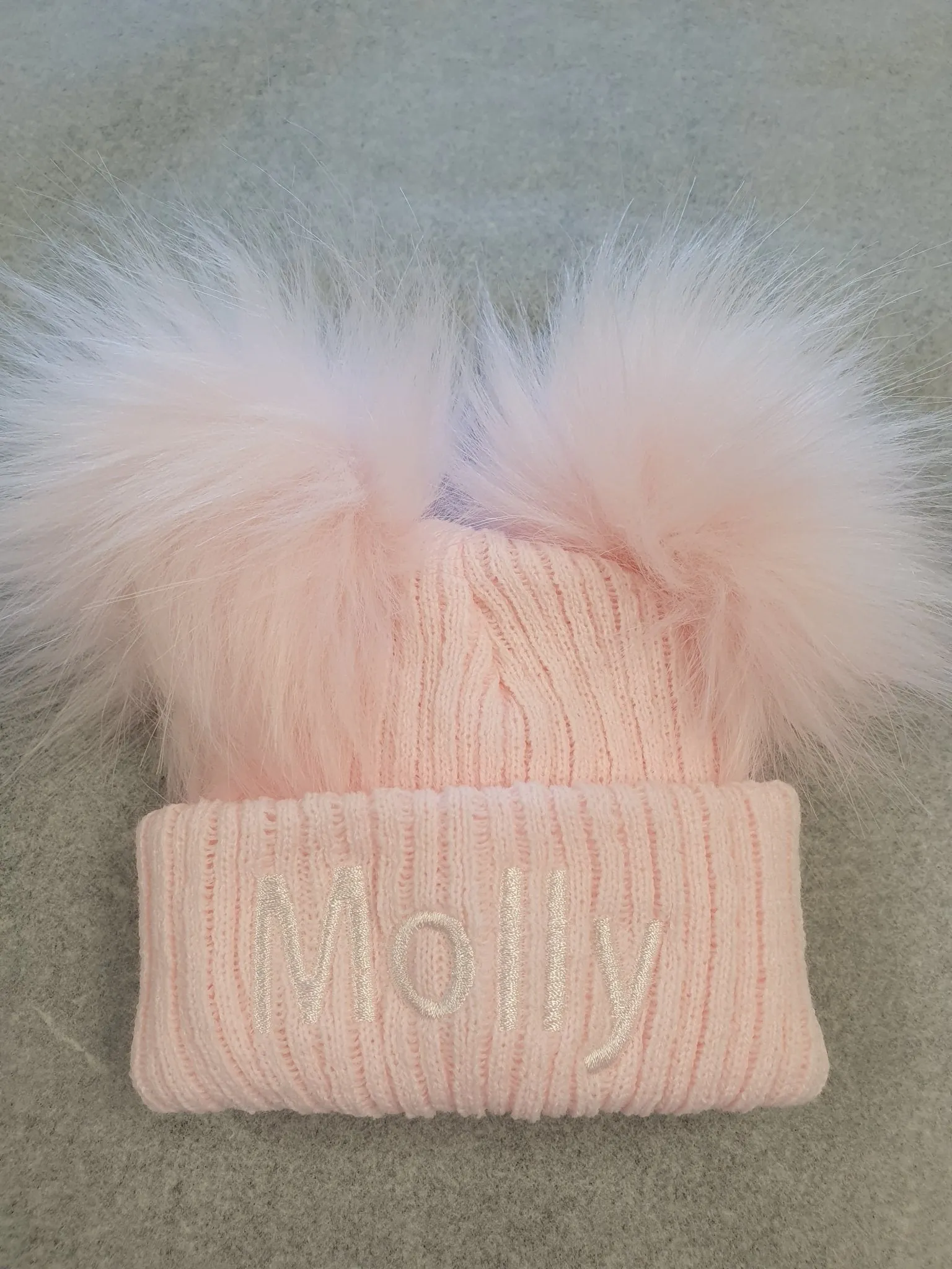 Personalised Baby  Pink Knitted Double Pink Fluffy Faux Fur Pom Hat